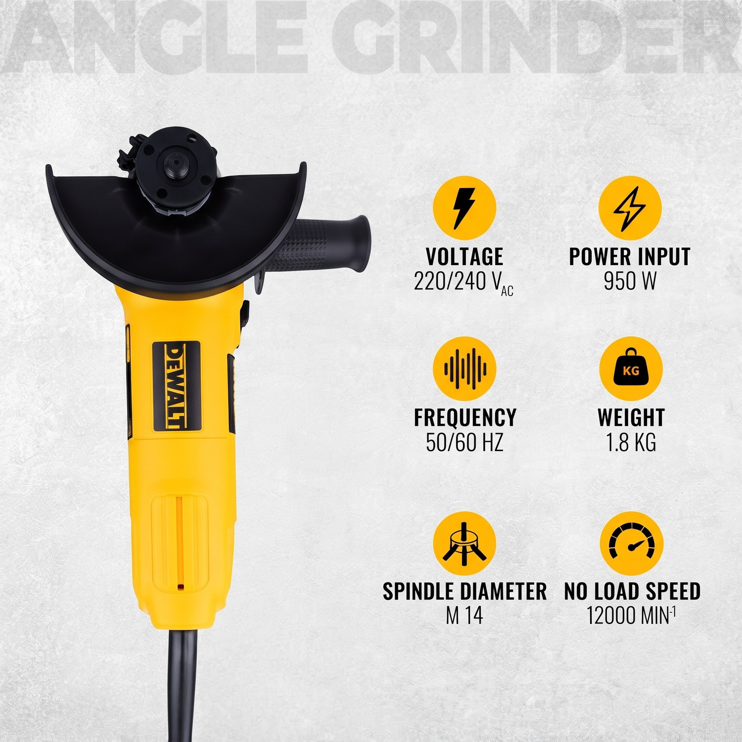 Image of DEWALT 950W 125mm Angle Grinder, 12000 RPM Corded Heavy Duty Grinder with Slide Switch Angle Grinder