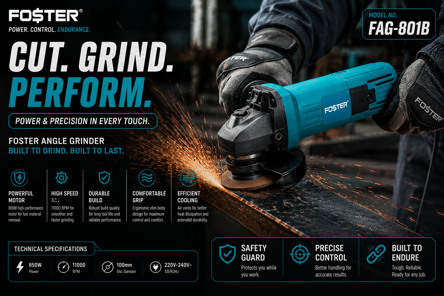 Image of FOSTER FAG-801 Powerful Heavy Duty | 850W Copper Armature | 11000RPM , 4inch | Angle Grinder