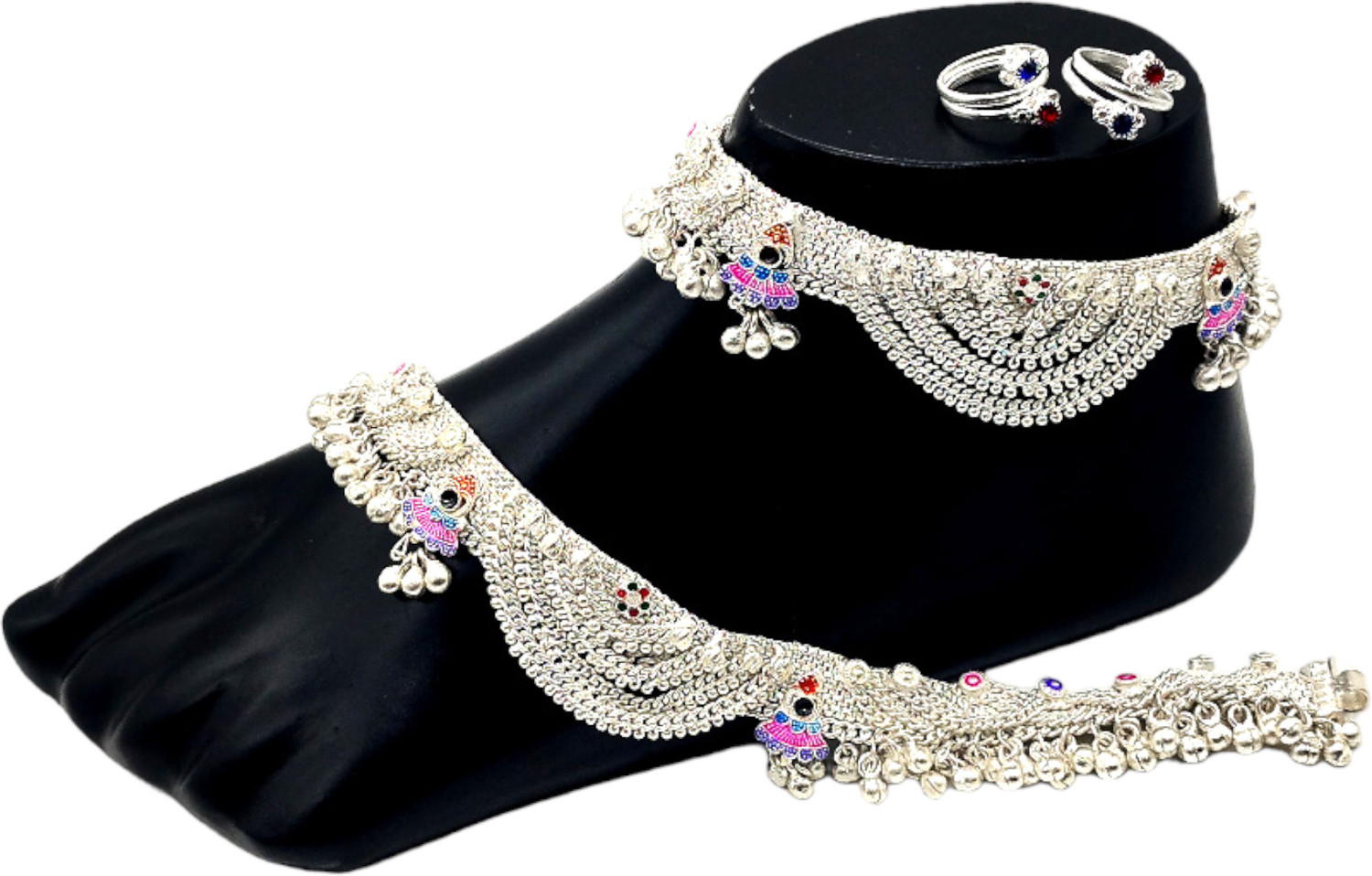 Image of BR Ornaments New Design South Traditional White Stone Gold Plated Ghungroo Anklet Payal Alloy Toe Anklet