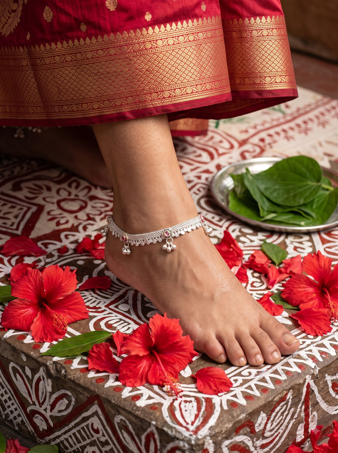 SHASHI ORNAMENTS Handcrafted-Look Silver-Plated Foot Jewelry with Floral Motifs and Bell Alloy Anklet