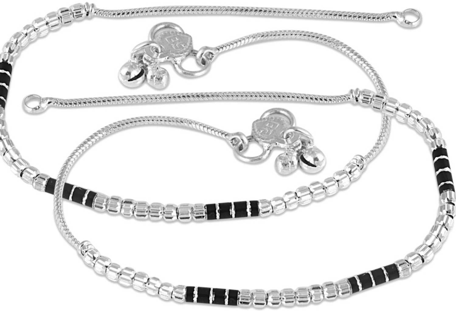 AANYACRYSTAL LC Black Moti 30 Silver Anklet