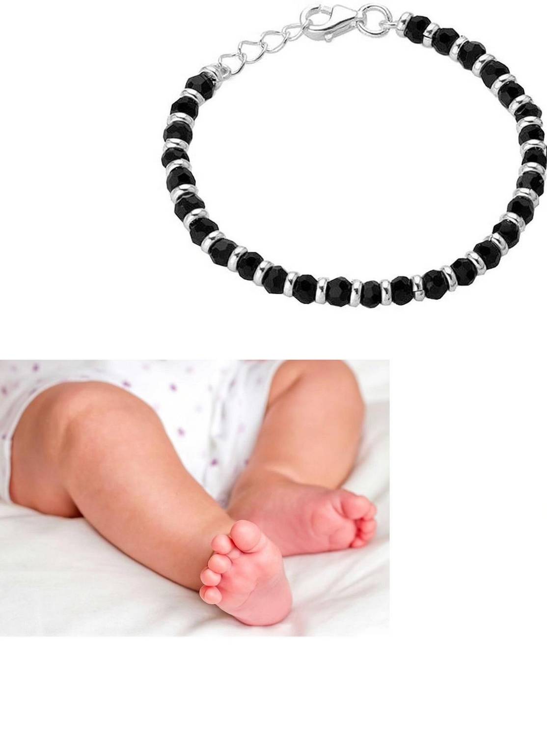 Adhvik Black Silver JAA0025 Crystal Beads Toddlers/Kids Nazariya Foot/Leg Bracelet Cum Stone Anklet