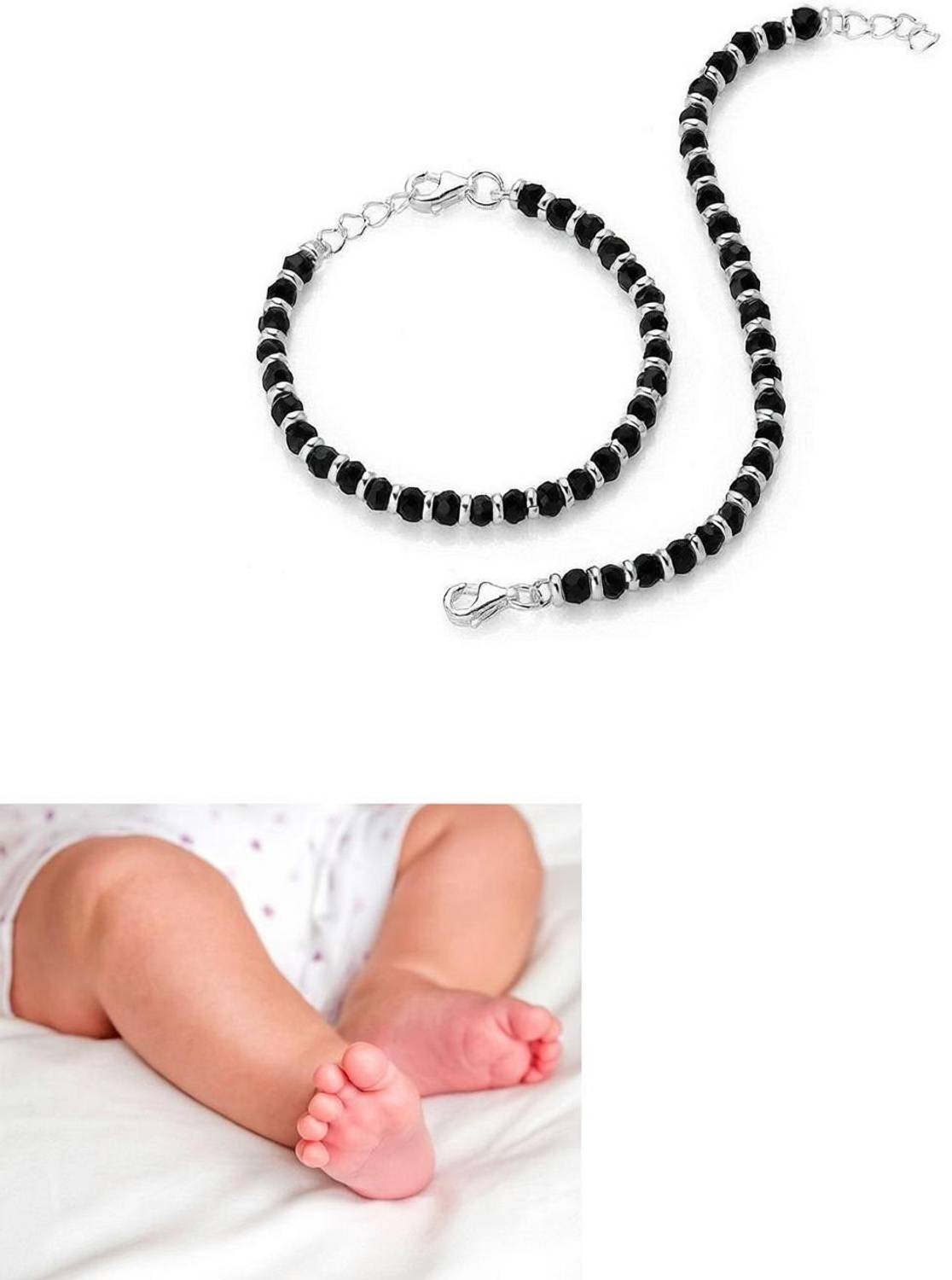 Airtick Set Of 2 Black Silver Crystal Beads Toddlers/Kids Nazariya Foot/Leg Bracelet Cum Stone Anklet