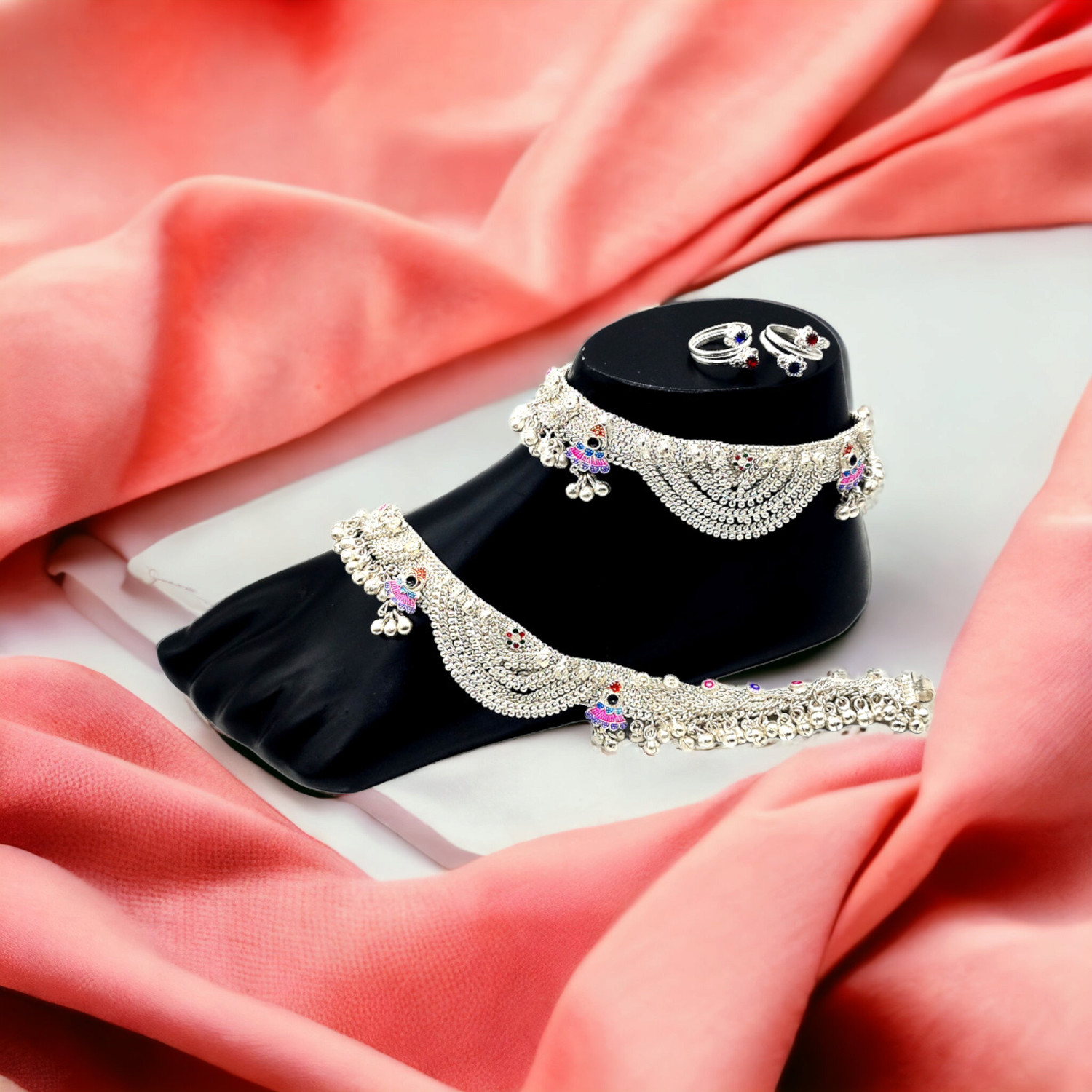 Image of BR Ornaments New Design South Traditional White Stone Gold Plated Ghungroo Anklet Payal Alloy Toe Anklet