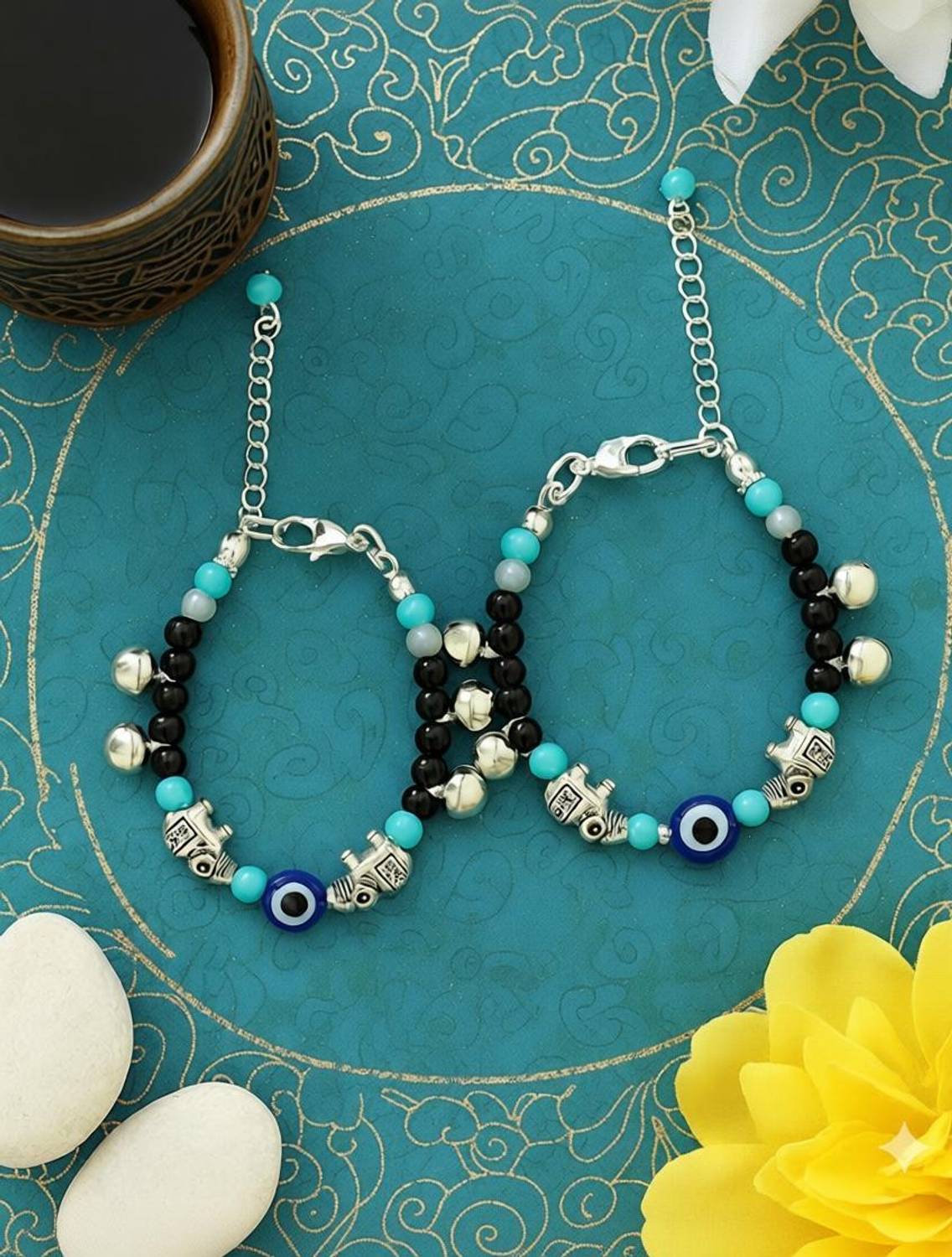BEADzz Silver Polish Evil Eye Ghungroo Baby Anklet Nazariya , Elephant Charm Brass Anklet