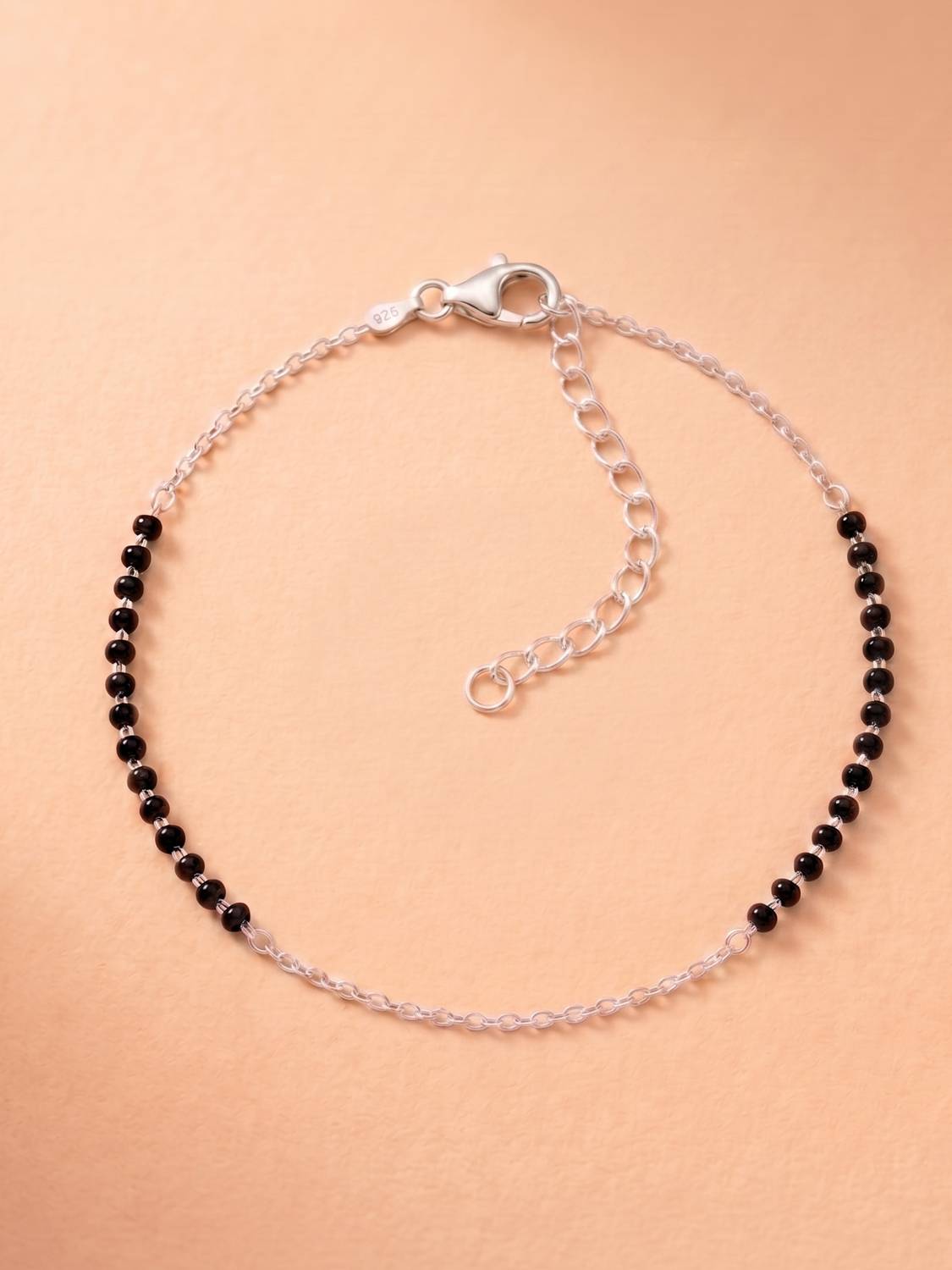 925 SILLER 925 Sterling Silver Black Beaded Chain Anklet for Women Sterling Silver Anklet