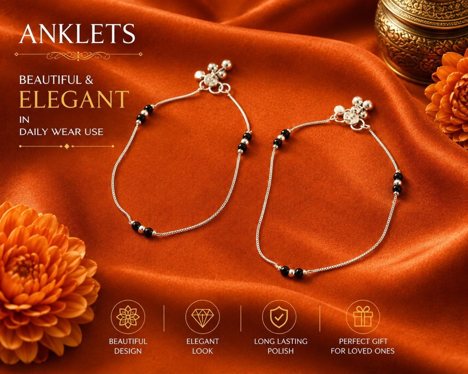 Image of Footride Elegant black bead siver anklet for women & girls | Daily wear| Brass Anklet