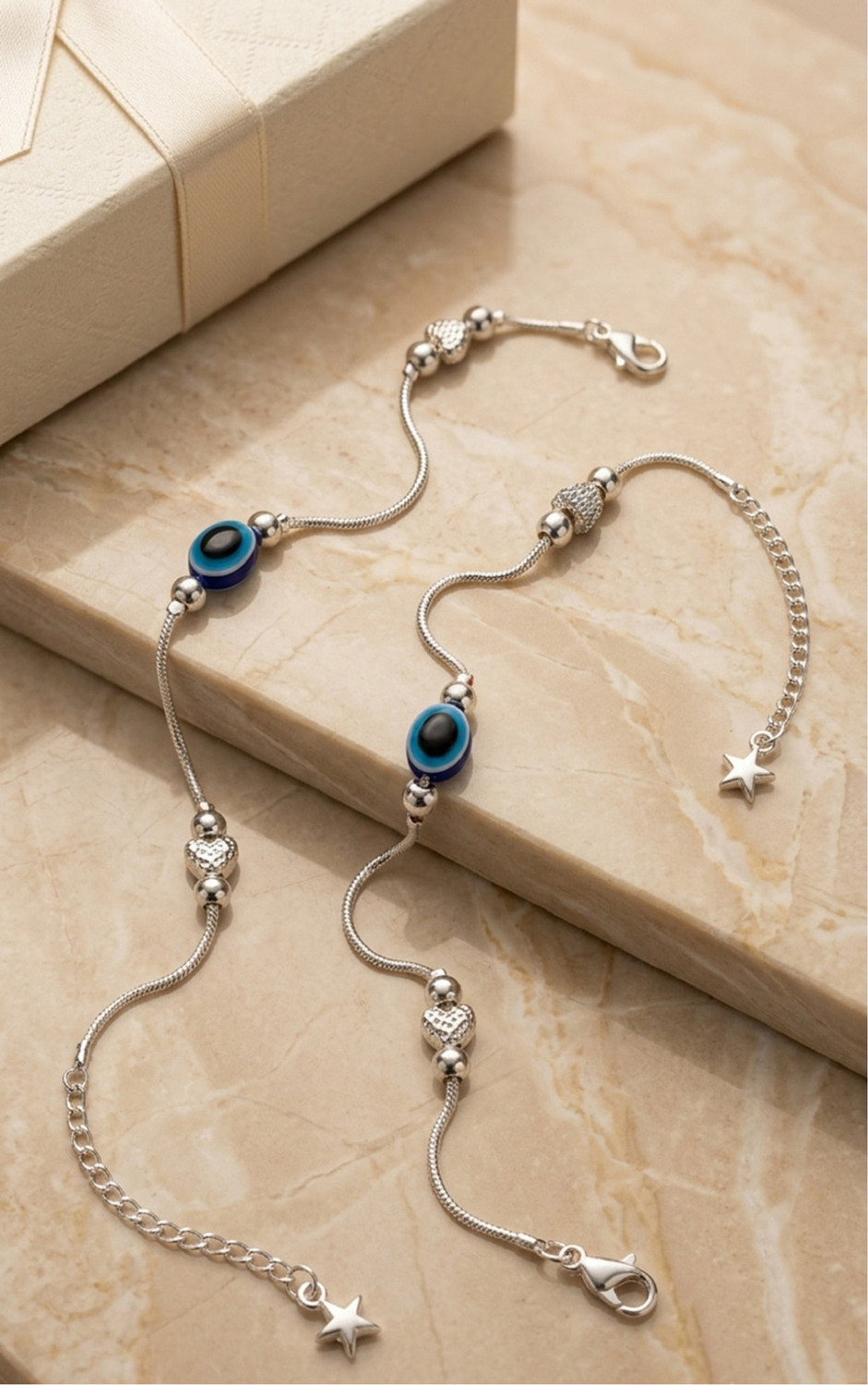 Image of Tm jewells Evil Eye Silver Anklet | Heart Beads Star Charm | Silver Blue | 1 Pair Alloy Anklet