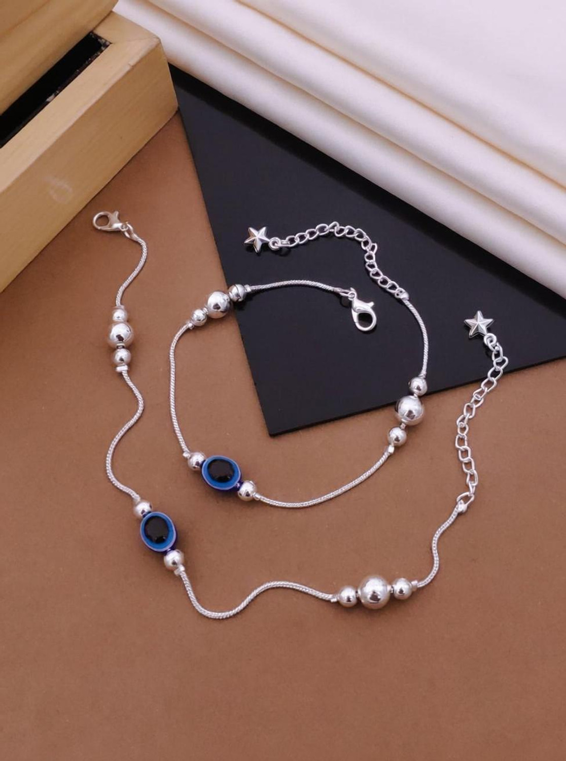 Image of KanGen Villa Creation Silver-Plated Evil Eye & Bead Anklet Set for Women & Girls - Adjustable Pair Brass Anklet