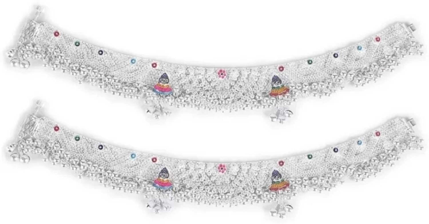 Image of SJ TRADERS Indian traditional white metal heavy bridal anklets Silver Anklet
