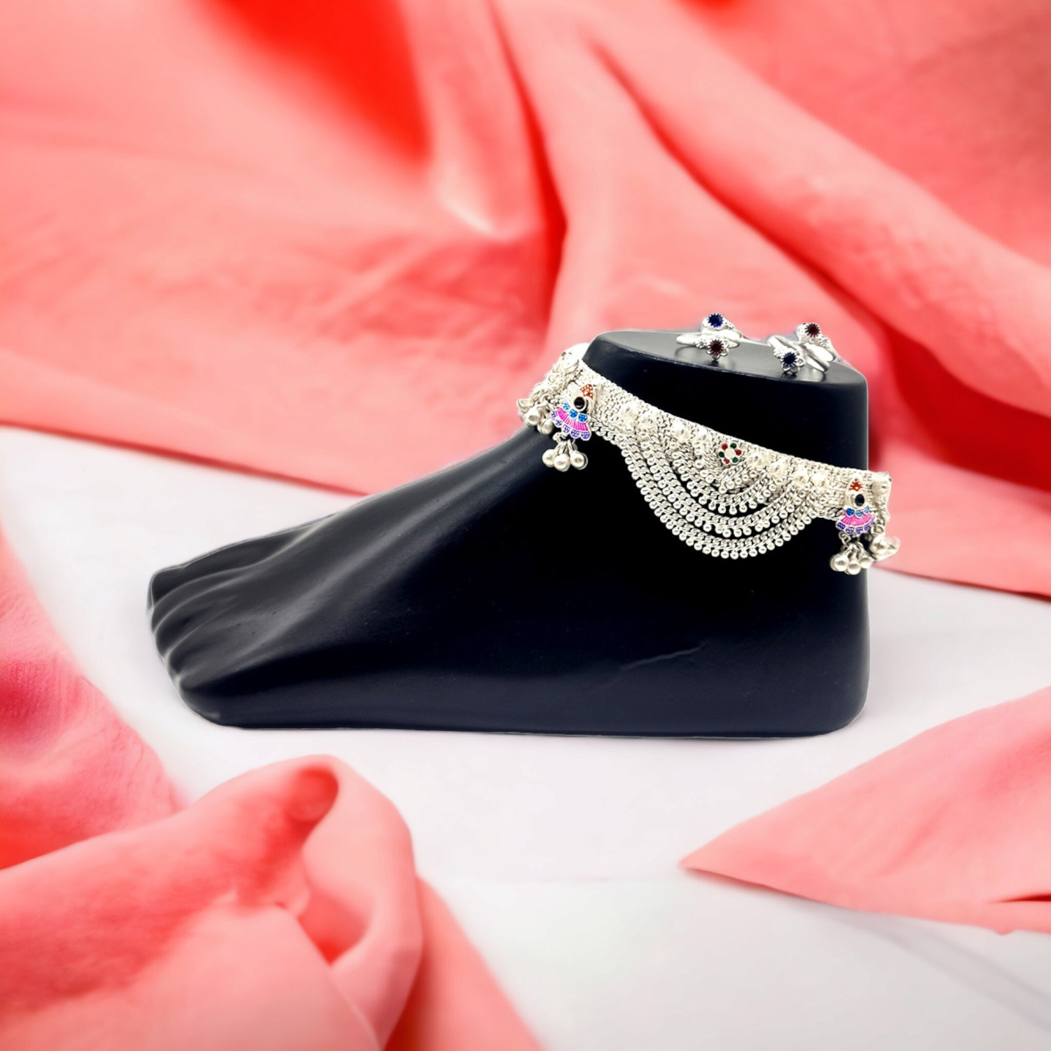 Image of BR Ornaments New Design South Traditional White Stone Gold Plated Ghungroo Anklet Payal Alloy Toe Anklet