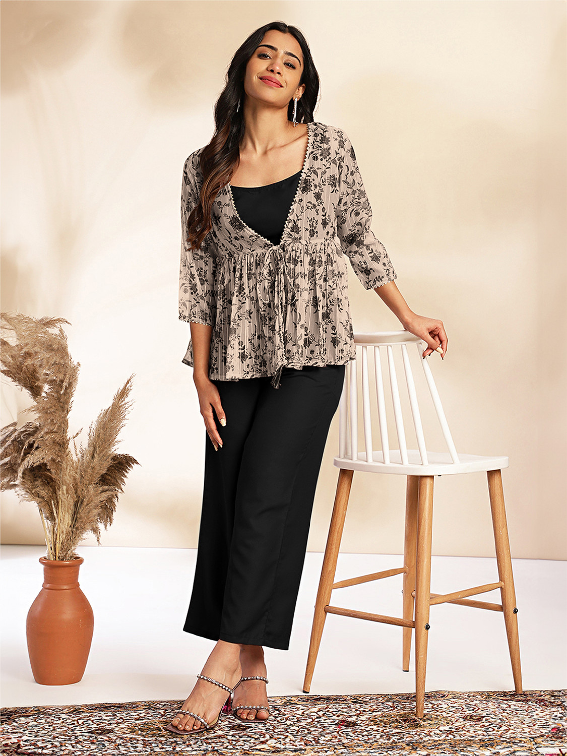 Image of Janasya Women Crop Top Pant Ethnic Jacket Set