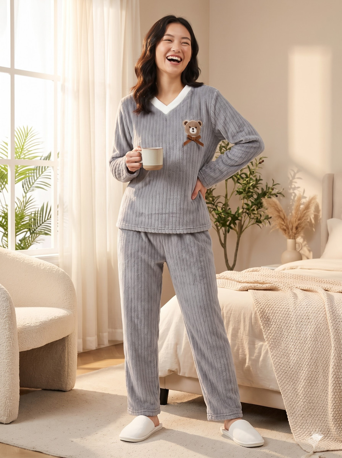 Image of Lugo Women Self Design Grey Night Suit Set