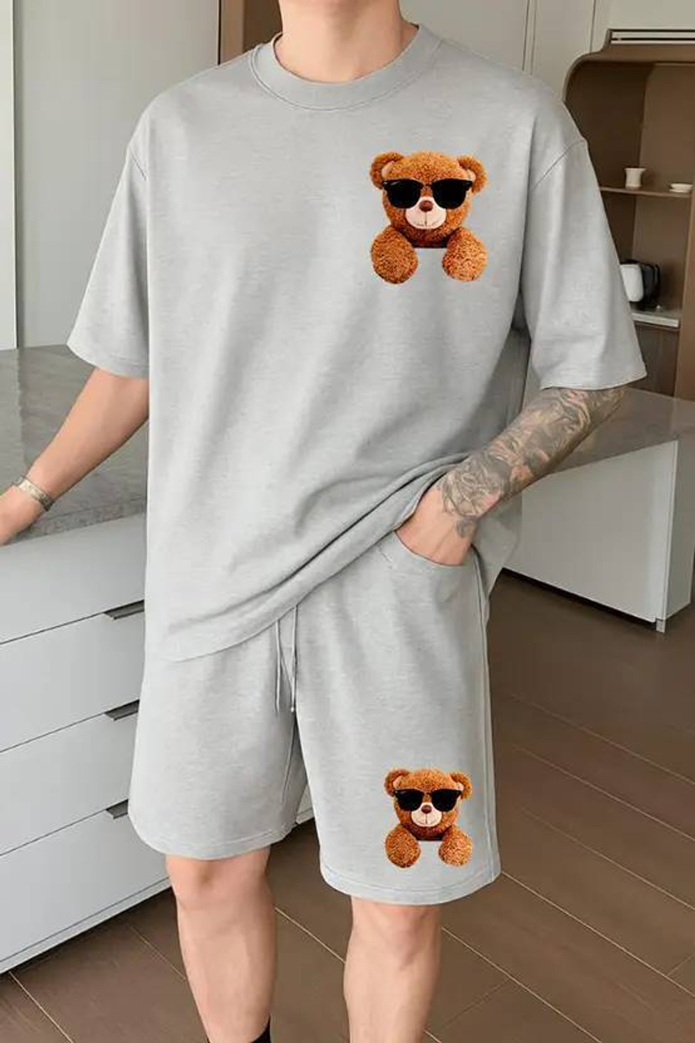 Image of LARRY & EVA Men Graphic Print Grey Top & Shorts Set