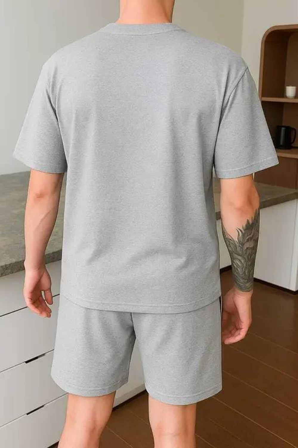 Image of LARRY & EVA Men Graphic Print Grey Top & Shorts Set