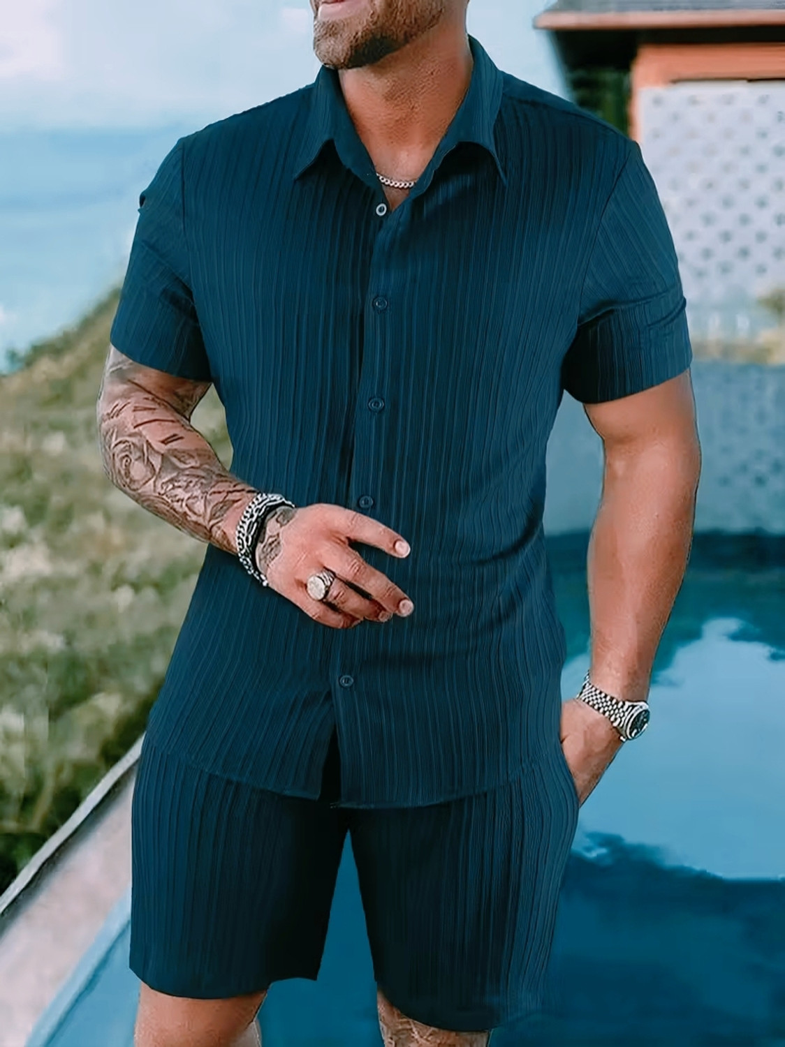 Image of HARI TRENDZ CLOTHING Men Self Design, Striped Blue Top & Shorts Set