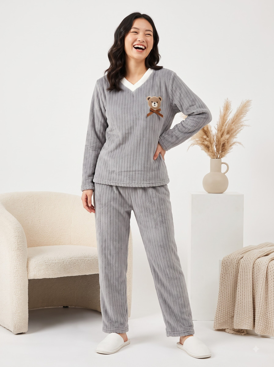 Image of Lugo Women Self Design Grey Night Suit Set
