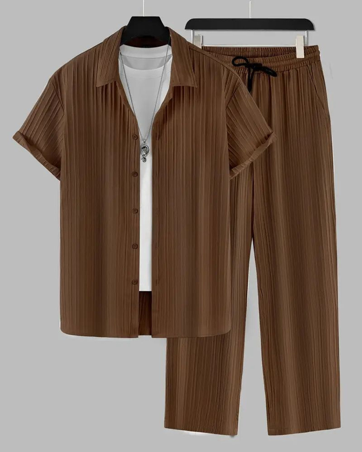 Image of HARI TRENDZ CLOTHING Men Self Design Brown Night Suit Set