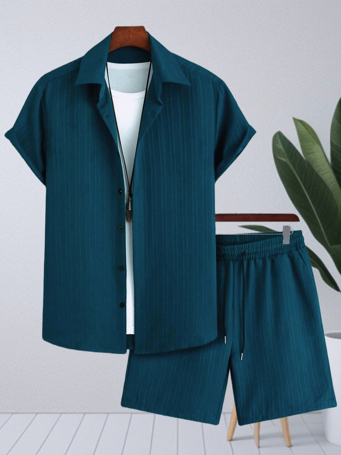 Image of HARI TRENDZ CLOTHING Men Self Design, Striped Blue Top & Shorts Set
