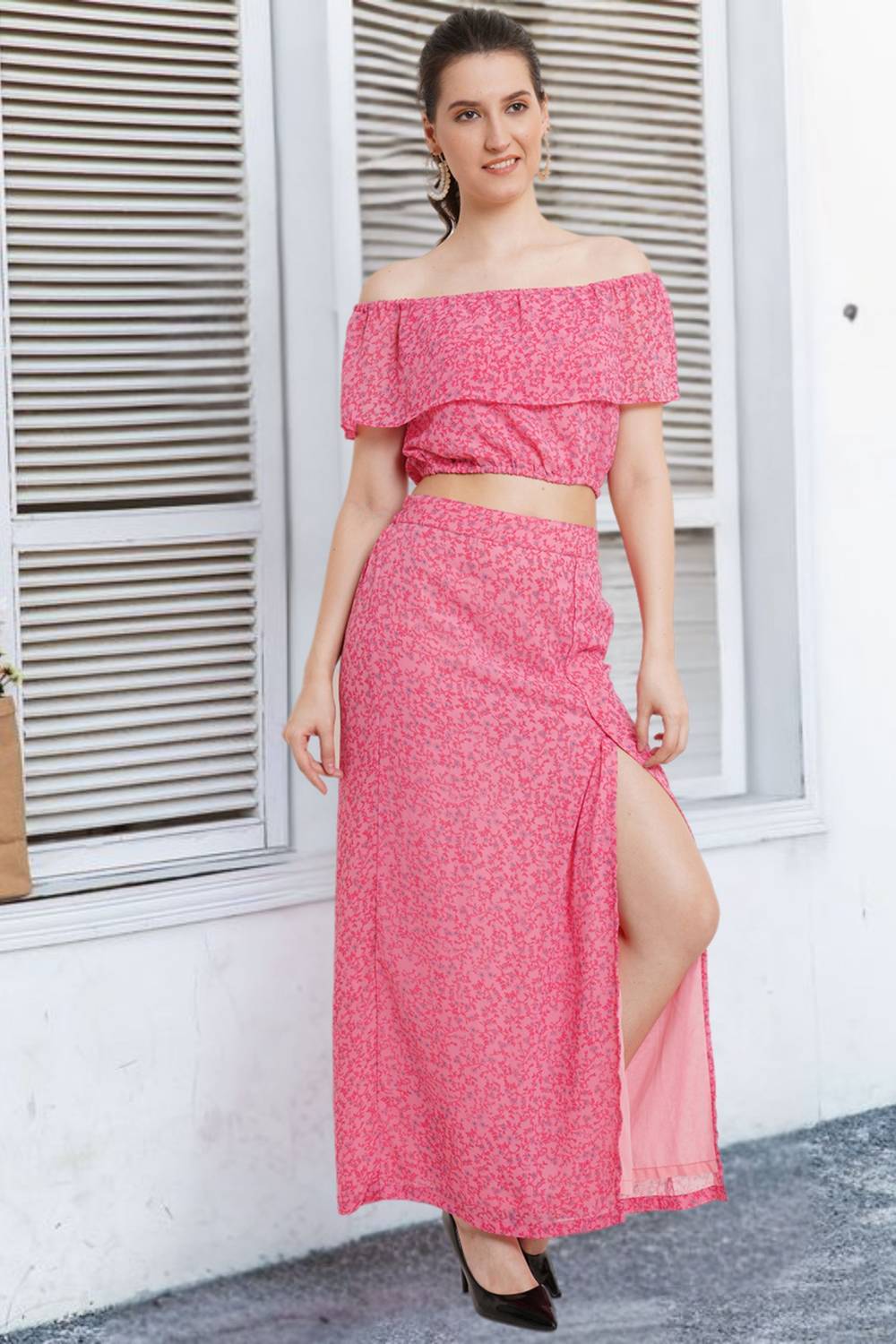 POPWINGS Women Two Piece Dress Pink Maxi/Full Length Dress