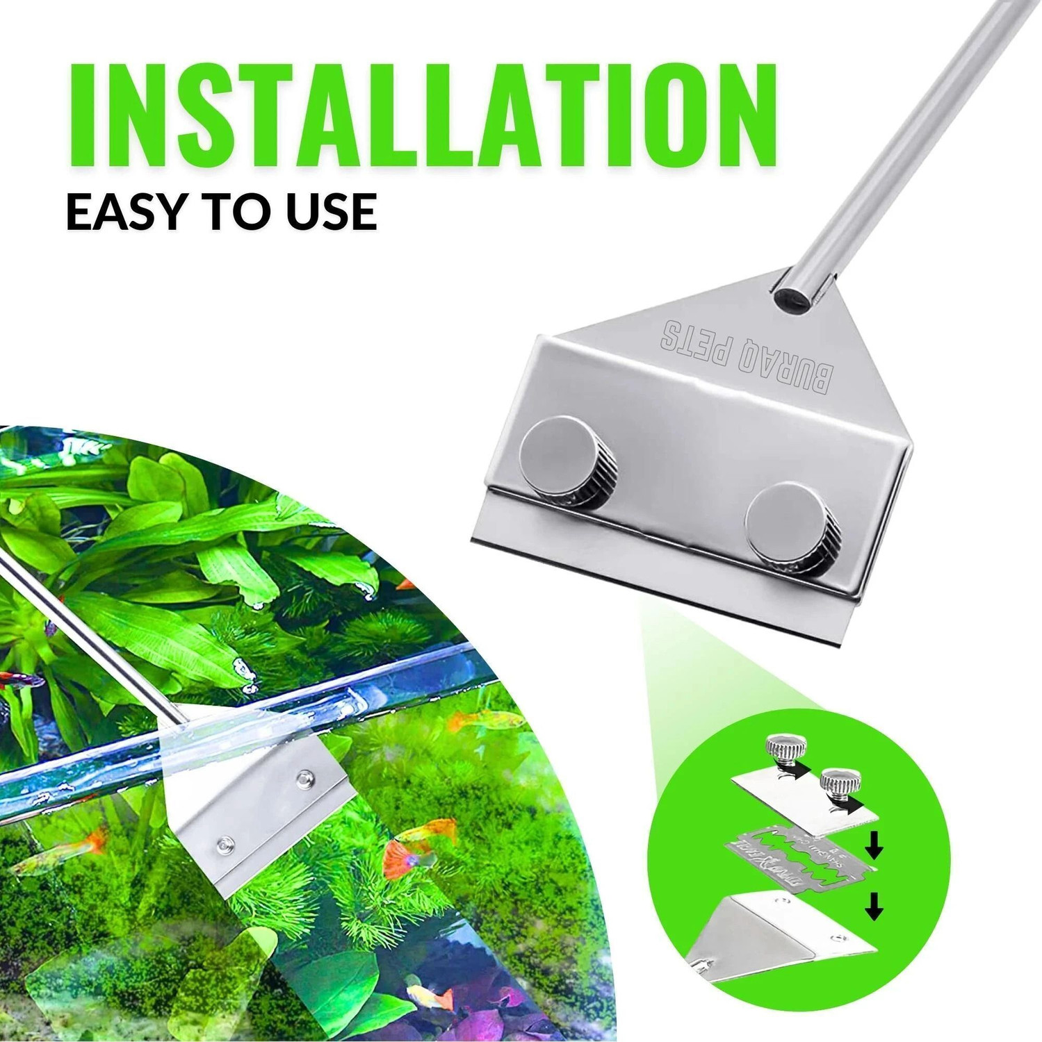 Image of Buraq Aquarium Algae Removing Stainless Steel 18 inch Glass Cleaning Scraper Accessories for Fish Tank, Planted Tanks (Aqua Scraper) Magnetic Aquarium Cleaner