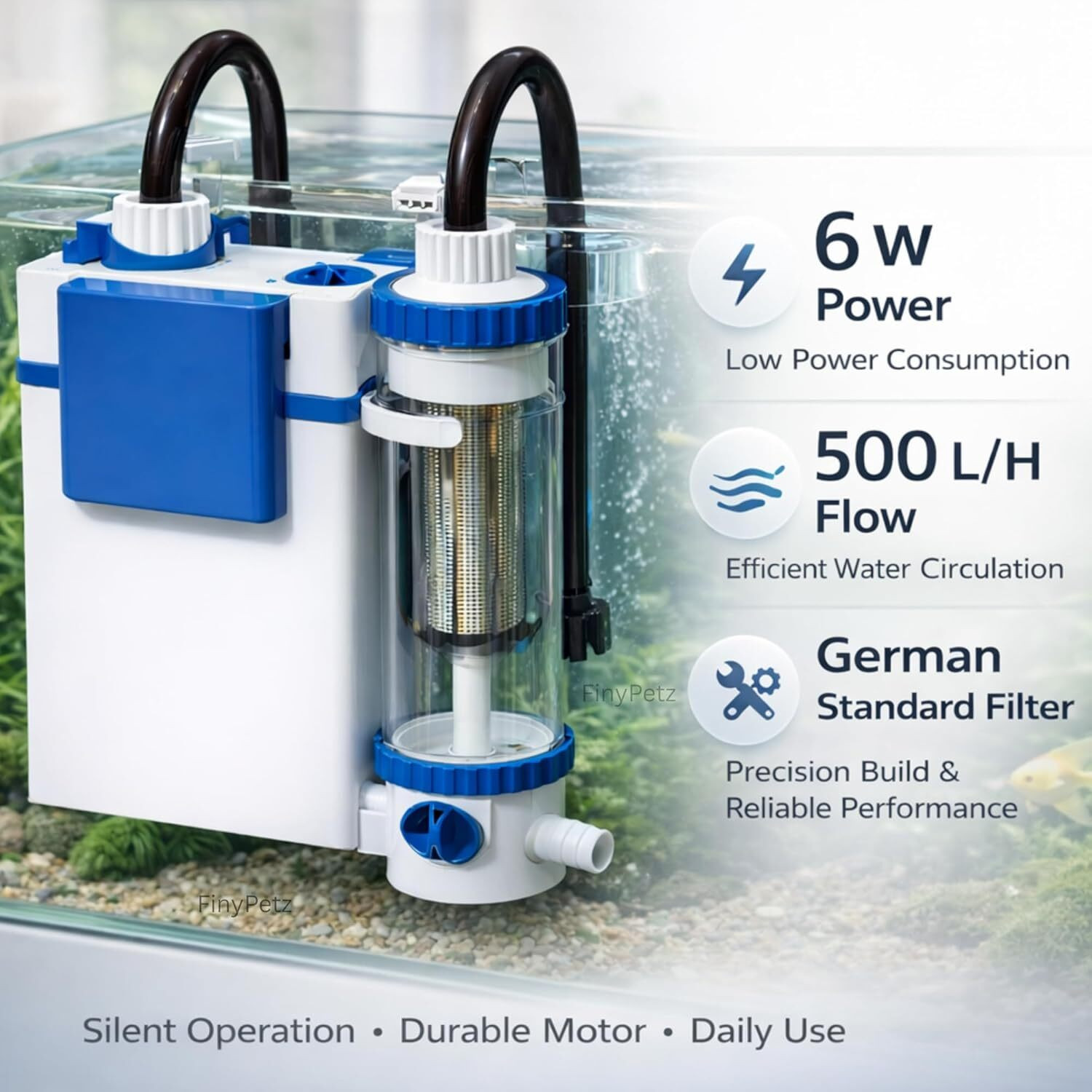 Image of FinyPetz YBF-500F Hang On Back Aquarium Filter with Skimmer, 6W 500L /H Silent HOB Canister Aquarium Filter