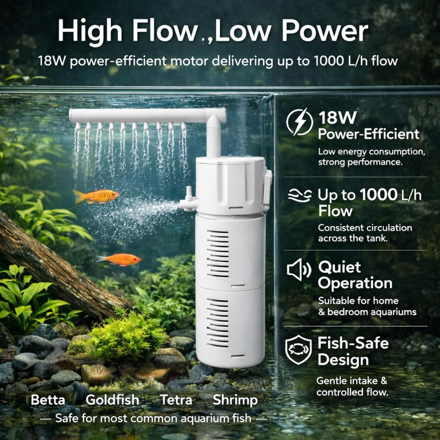 Image of FinyPetz BL-99E 4-in-1 Internal Aquarium Filter 18W | 1000 L /H Quiet Pump Power Aquarium Filter