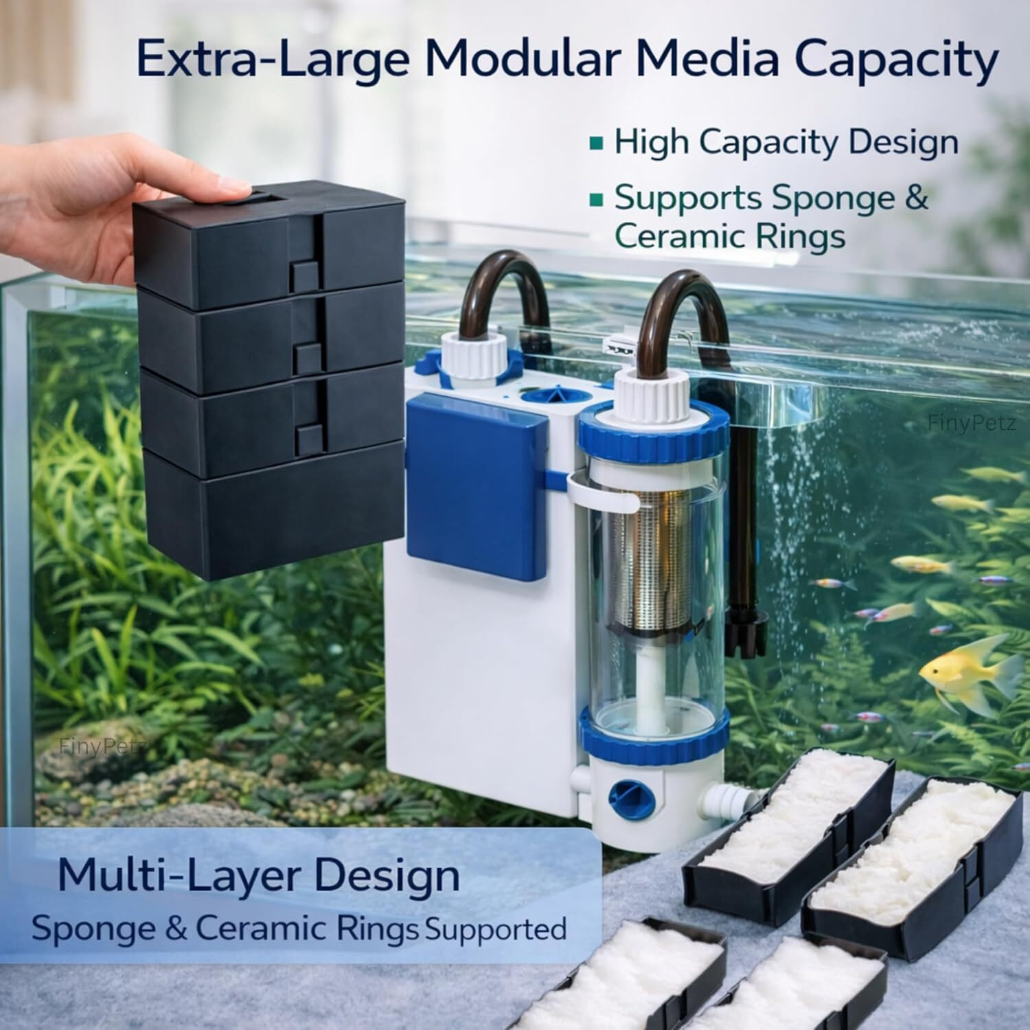 Image of FinyPetz YBF-500F Hang On Back Aquarium Filter with Skimmer, 6W 500L /H Silent HOB Canister Aquarium Filter