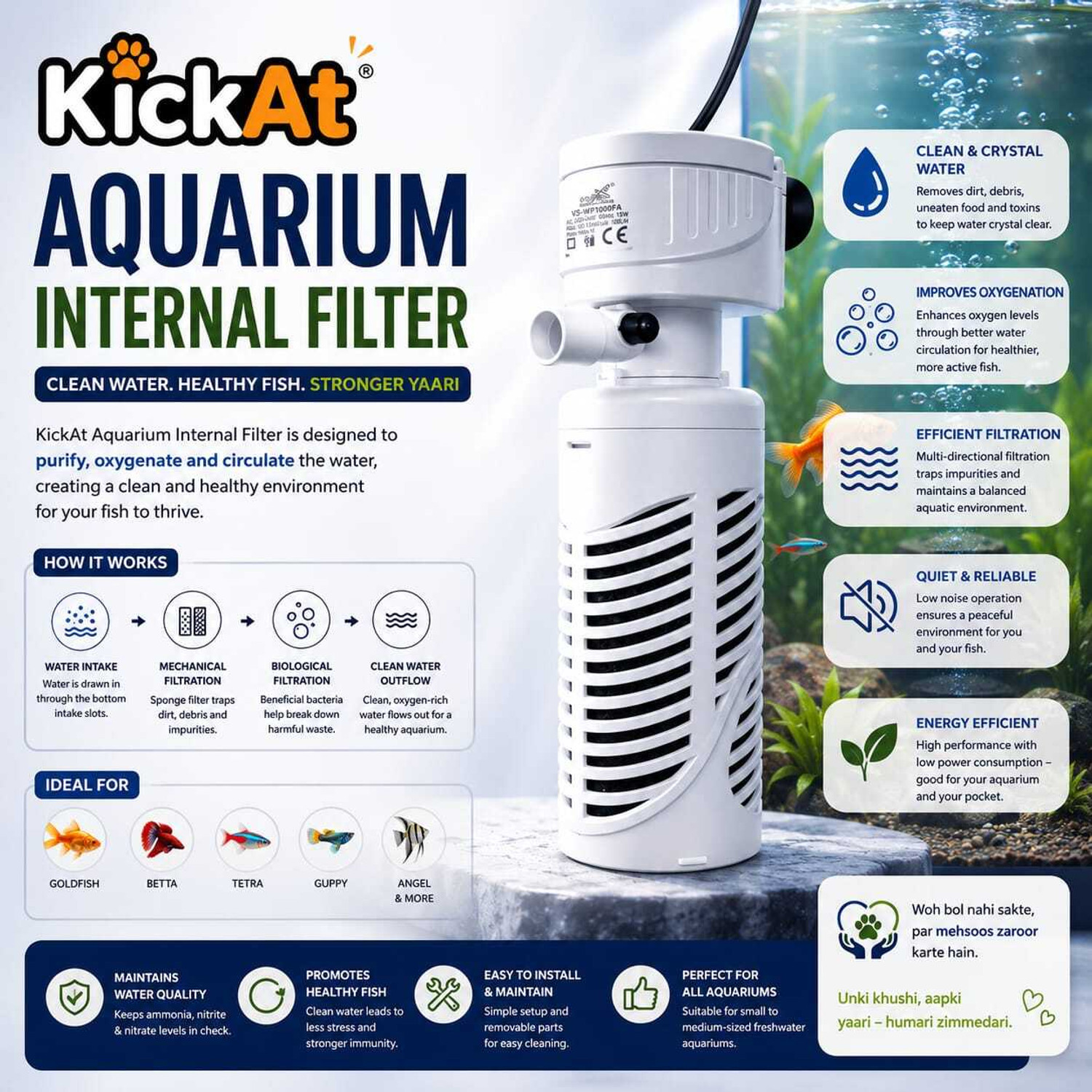 Image of kickAt Submersible Internal premium Aquarium Filter, 1000 L /H (White) Power Aquarium Filter (Mechanical Filtration for Salt Water and Fresh Water)