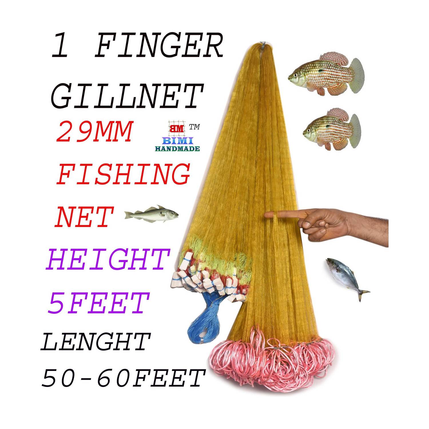 BIMI HAND MADE 1 FINGER 29 MM COLOUR SHIGHA JAL GILLNET Aquarium Fish Net