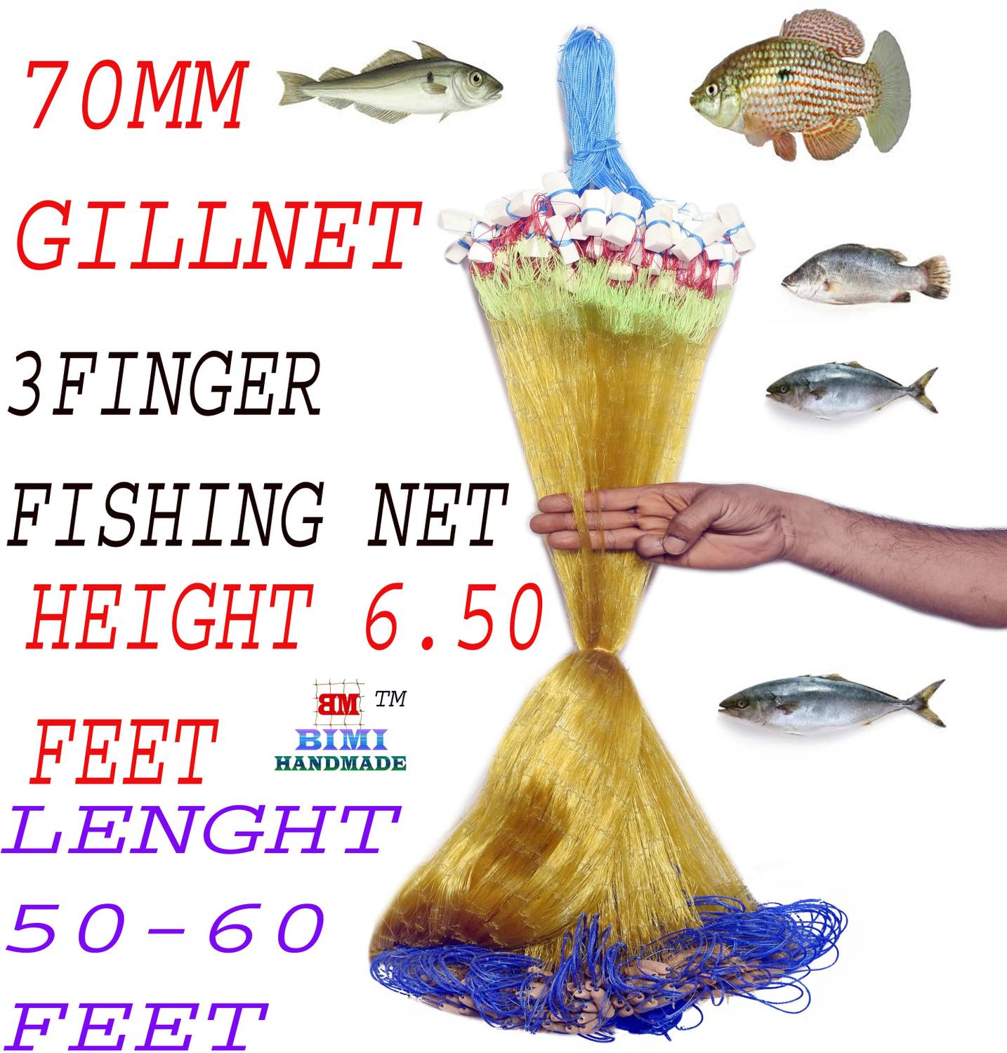 BIMI HAND MADE 3 FINGER 70MM GILLNET KATHI JAL Aquarium Fish Net