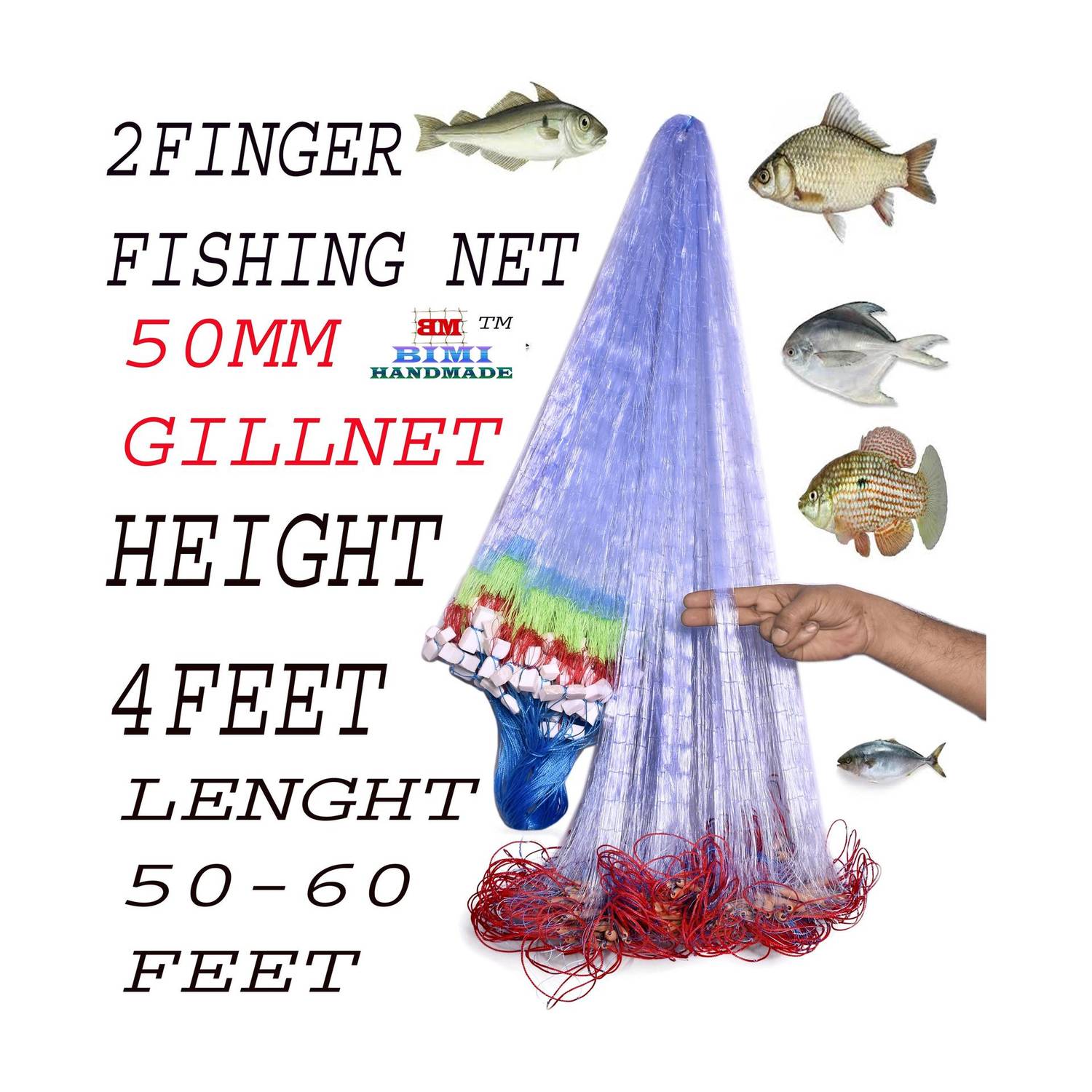 BIMI HAND MADE 2 FINGER 50 MM KATHI JAL GILLNET Aquarium Fish Net