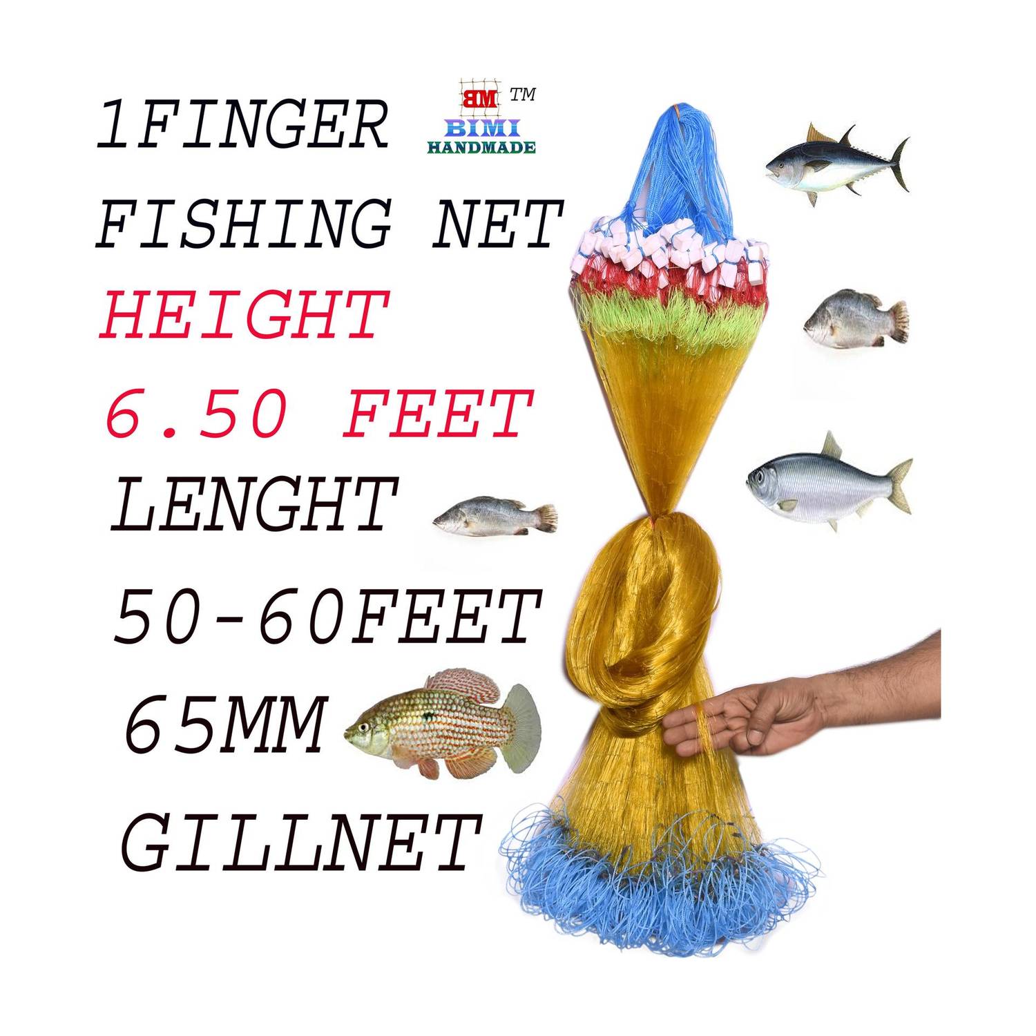 BIMI HAND MADE 3 FINGER 65 MM COLOUR SHISHA JAL GILLNET Aquarium Fish Net