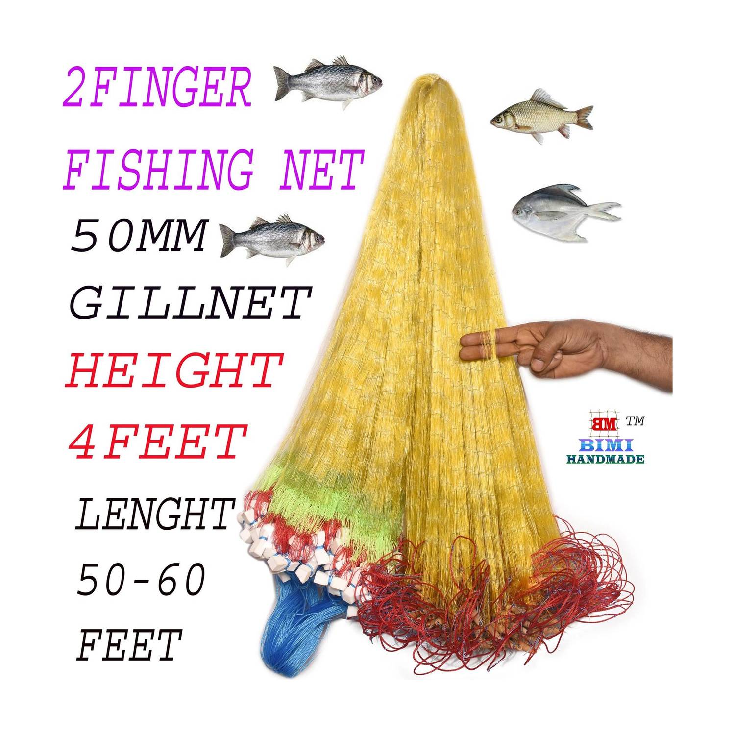BIMI HAND MADE 2 FINGER 50 MM COLOUR KATHI JAL GILLNET Aquarium Fish Net