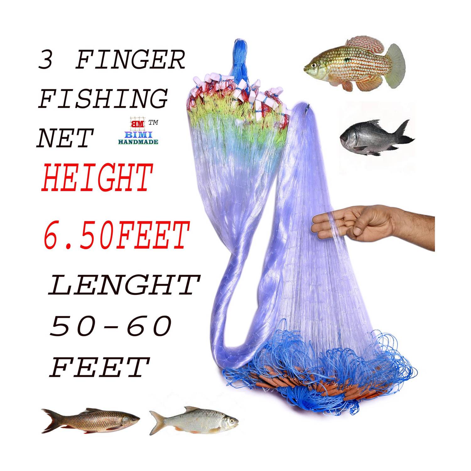 BIMI HAND MADE 3 FINGER 65 MM KATHI JAL GILLNET Aquarium Fish Net