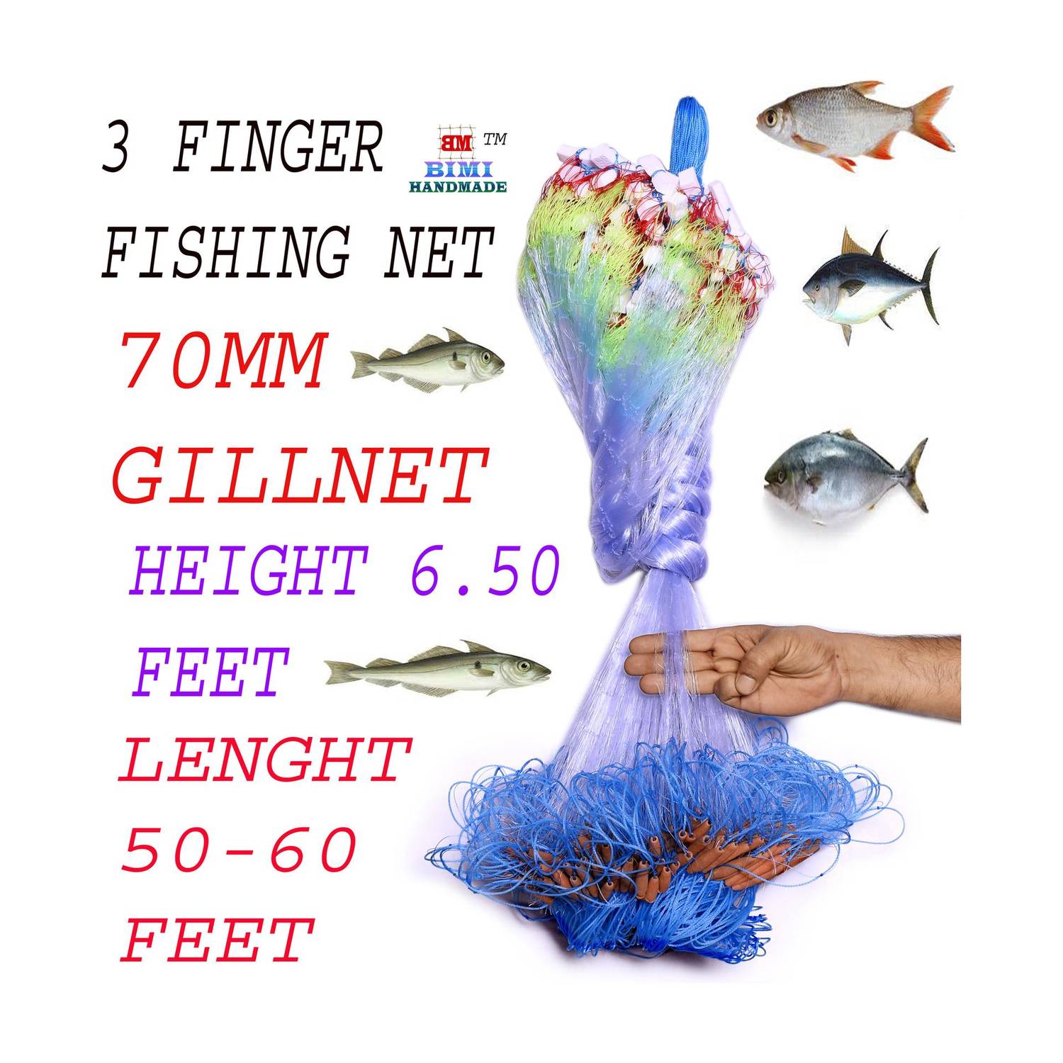 BIMI HAND MADE 3 FINGER 70 MM KATHI JAL GILLNET Aquarium Fish Net