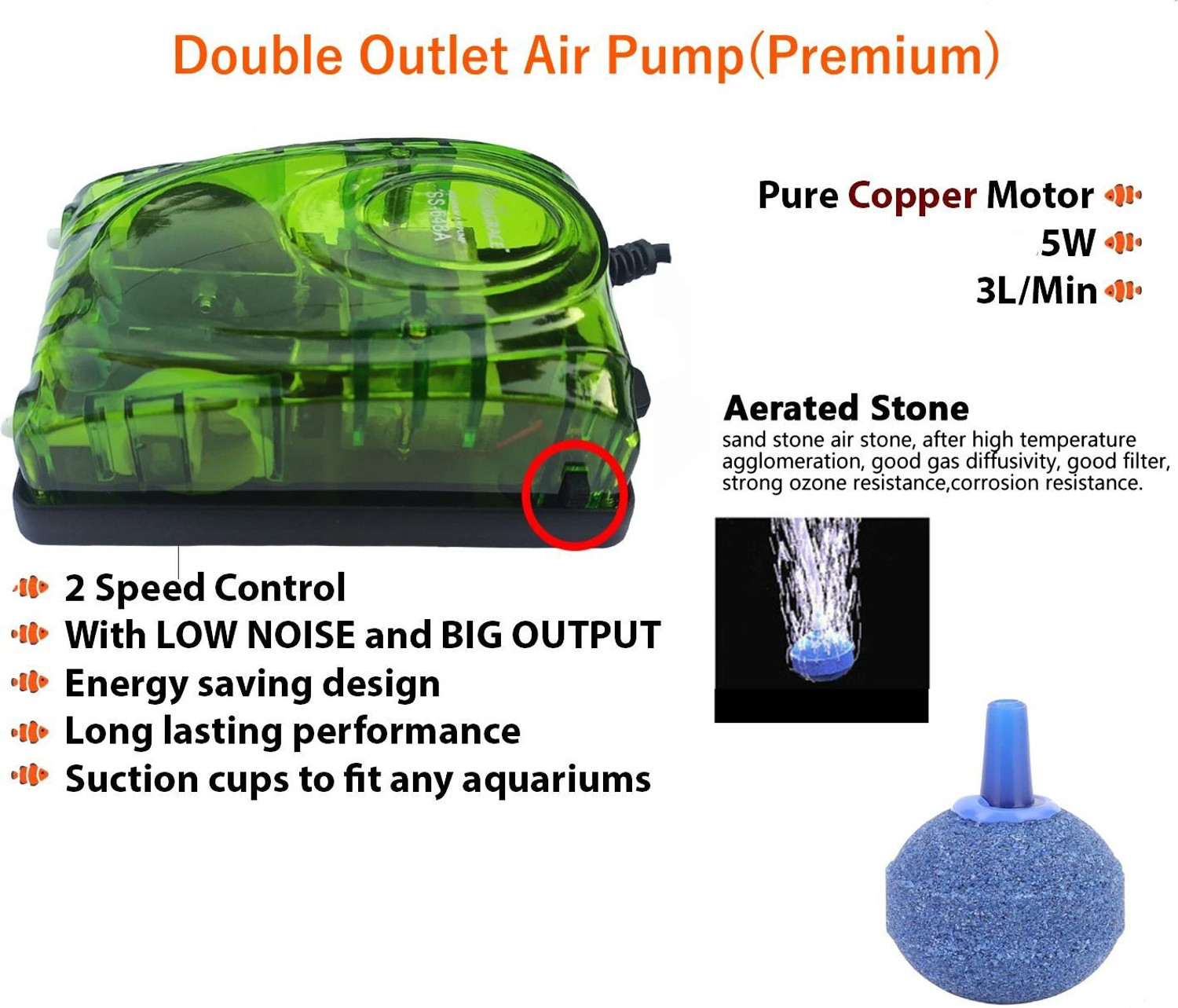 Image of kickAt Premium Double Outlet Aquarium Oxygen Air Pump for Air Bubble of Fish Tank Air Aquarium Pump