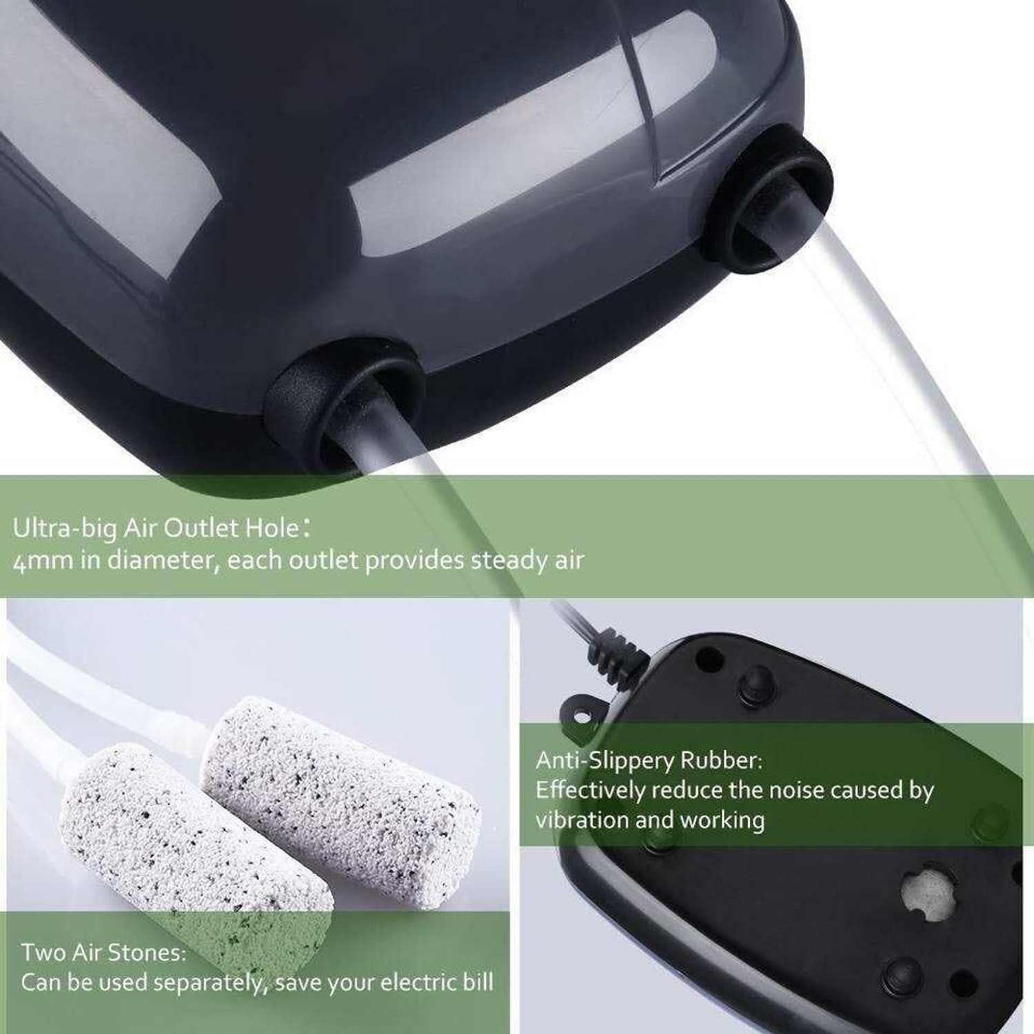 Image of Rizopets Super Silent Fish Tank Oxygen Pump with 2 Air Stones, Double Outlet, 4.2 L /Min Air Aquarium Pump