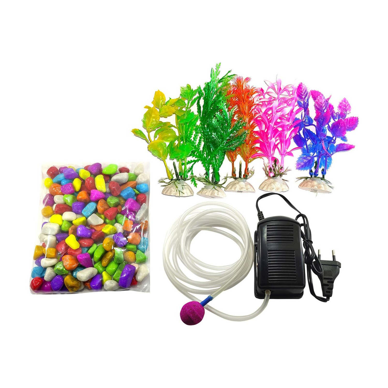 Sky Aquarium Decoration combo kit for Fish Tank Bowl Decor Multi Pack Air Pump,air tubing, Air Stone,Plant 5 nos (Multi Color Stones 1 kg) Air Bubble Arrangement In aquarium River Rock Planted Substrate