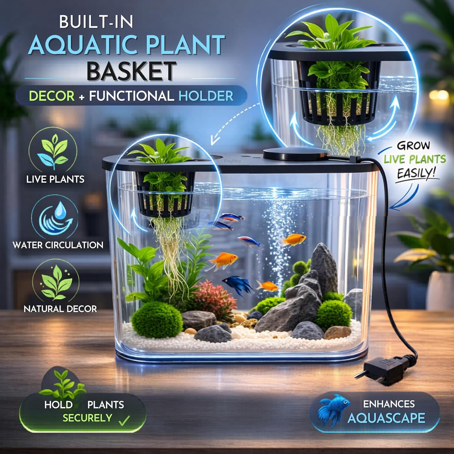 Image of FinyPetz PS-30L Acrylic Aquarium Tank 10L with LED Light & Plant Holder for Betta Rectangle Aquarium Tank
