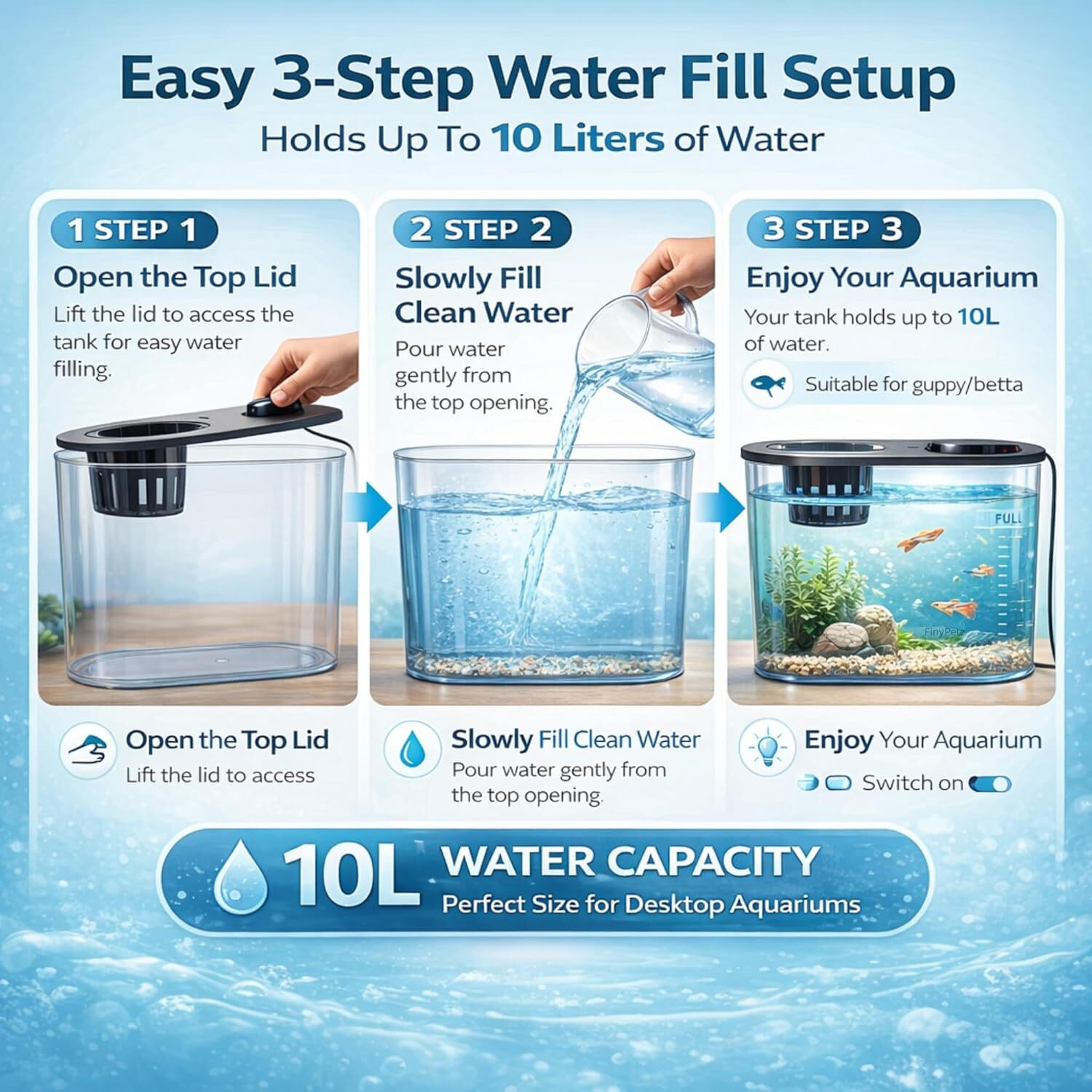 Image of FinyPetz PS-30L Acrylic Aquarium Tank 10L with LED Light & Plant Holder for Betta Rectangle Aquarium Tank