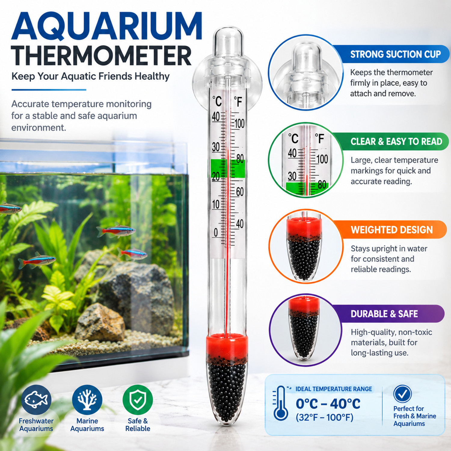 Image of My Pet Fishy Aquarium Thermometer with Suction Cup | Fish Tank Water Temperature Gauge Aquarium Thermometer