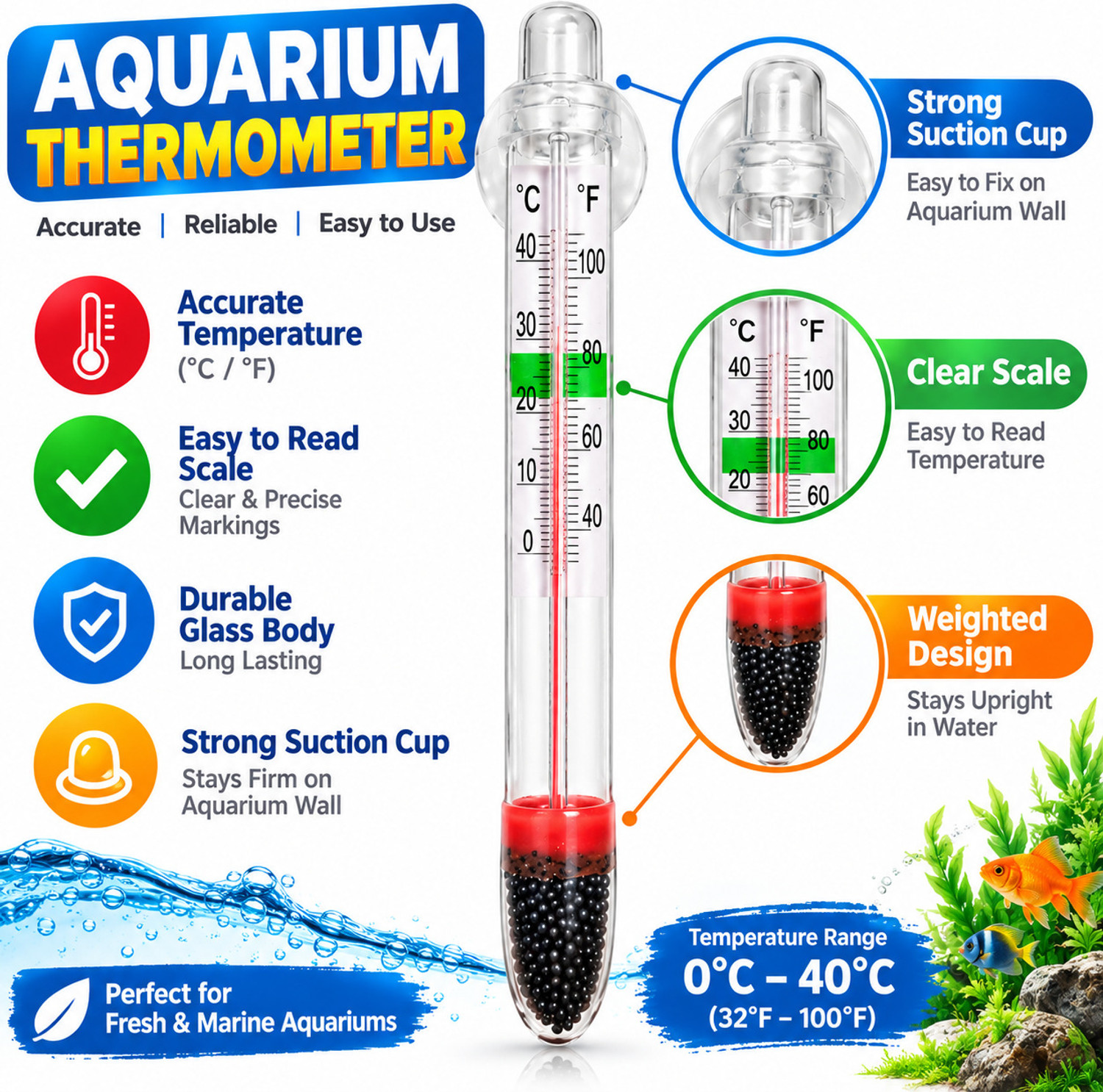 Image of My Pet Fishy Aquarium Thermometer with Suction Cup | Fish Tank Water Temperature Gauge Aquarium Thermometer