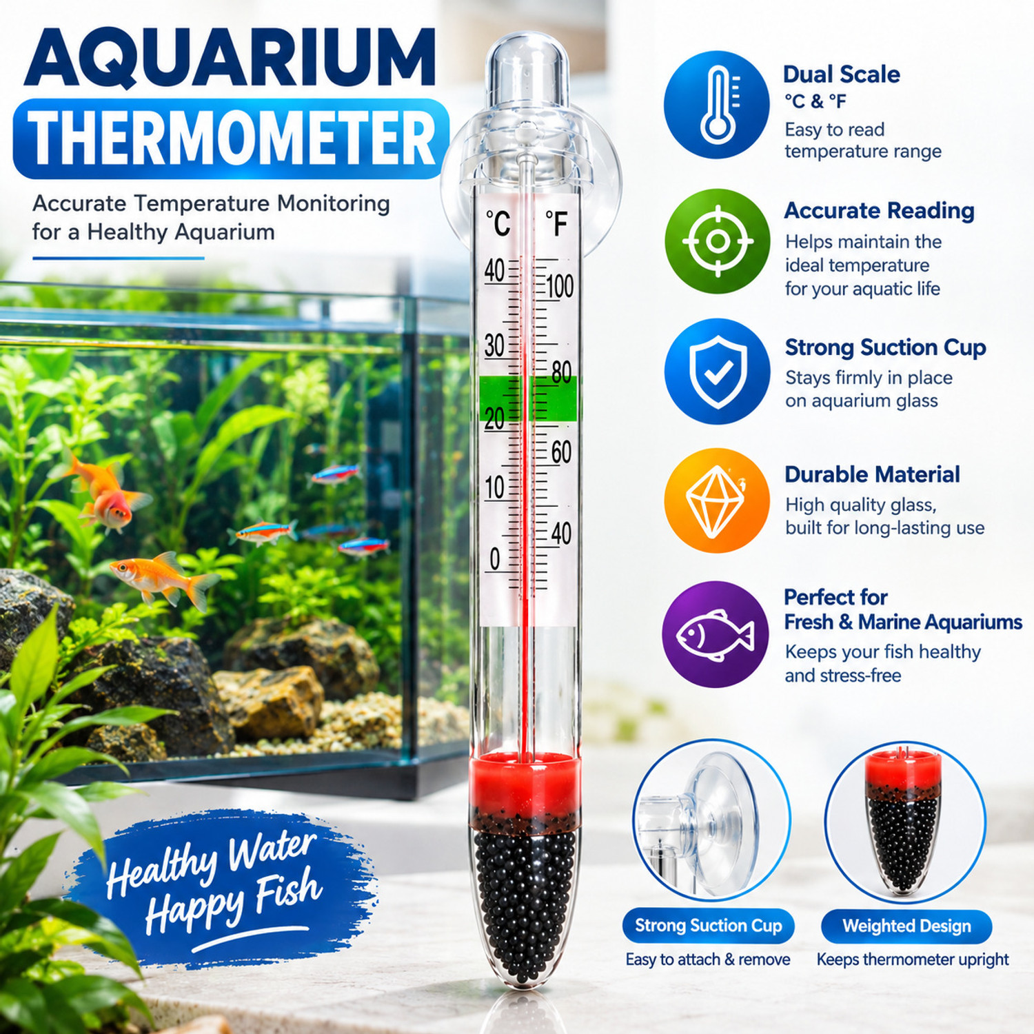 Image of My Pet Fishy Aquarium Thermometer with Suction Cup | Fish Tank Water Temperature Gauge Aquarium Thermometer