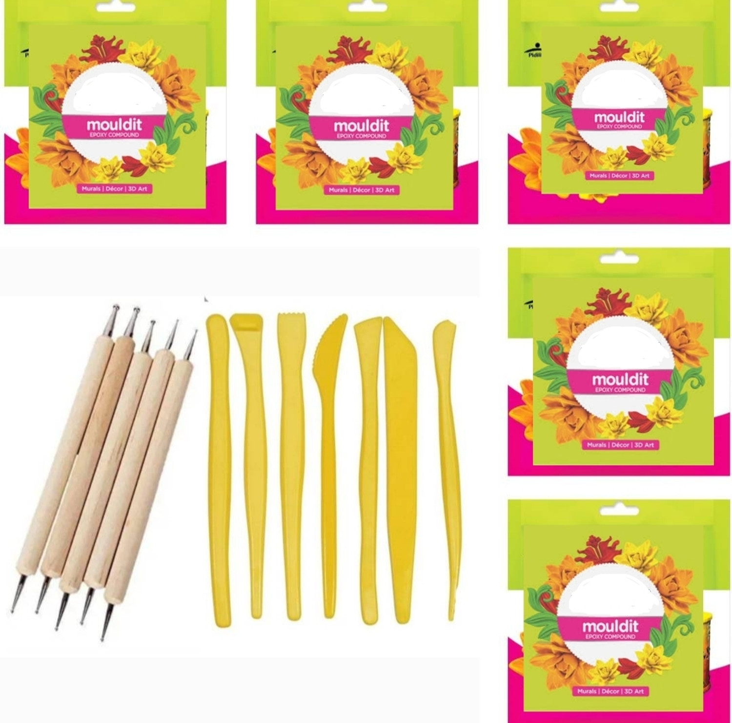 Image of Pehrovin Clay tools (set of 7) + Dotting tools (5) +5 Packets of Mouldit(50 gms each) Art Clay