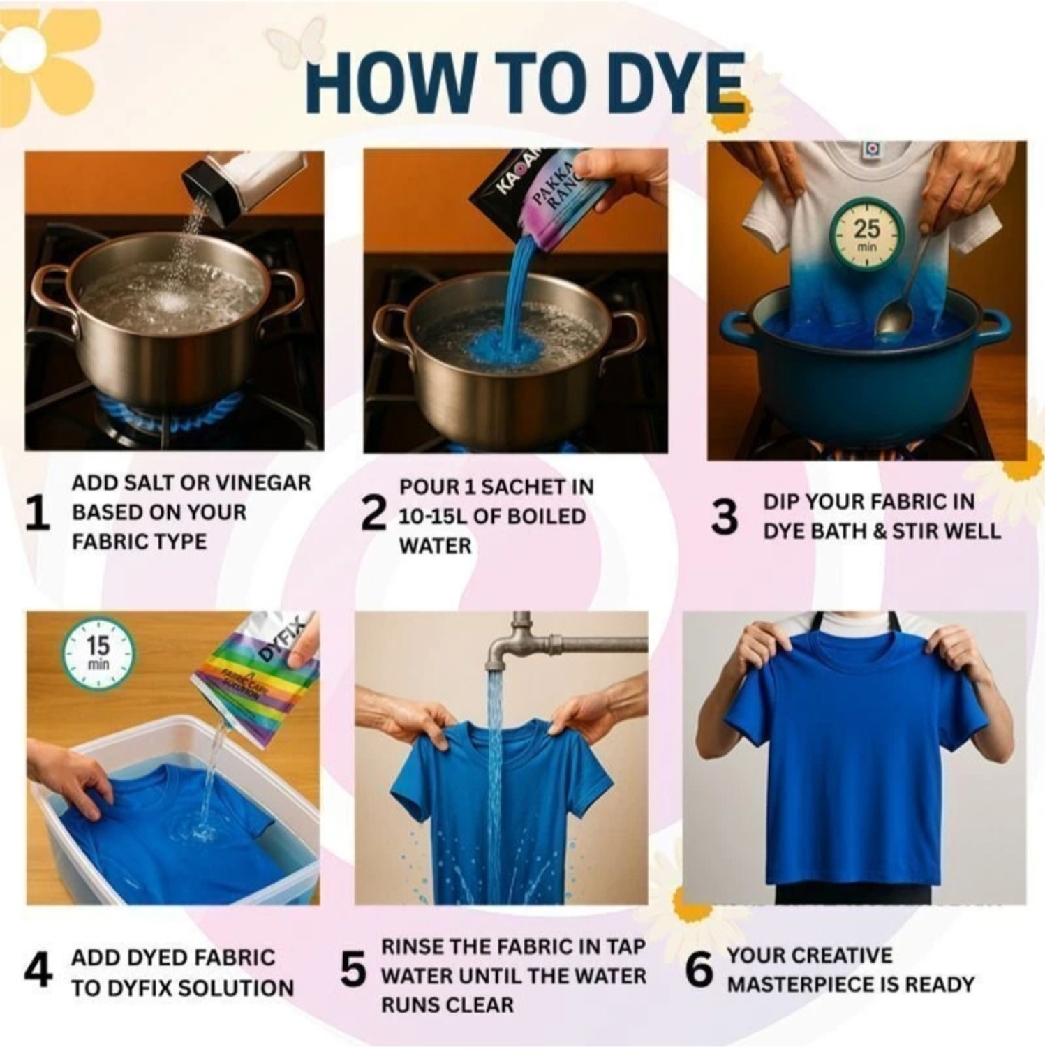 Image of KADAM Pakka Rang Fabric Dye| Jeans Black| 3 Dye Sachets + 3 DyFix Fixer Sachets