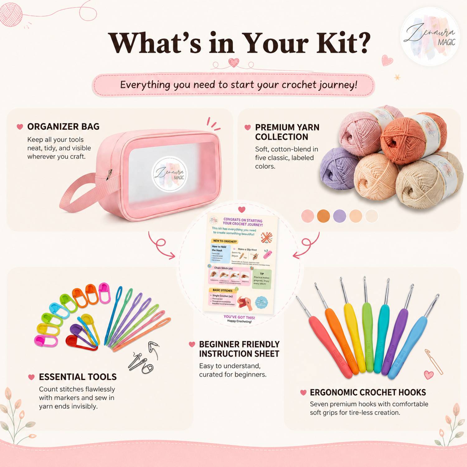 Zenaura Magic Crochet Kit with 5 Crochet Yarn Big Size | Cotton