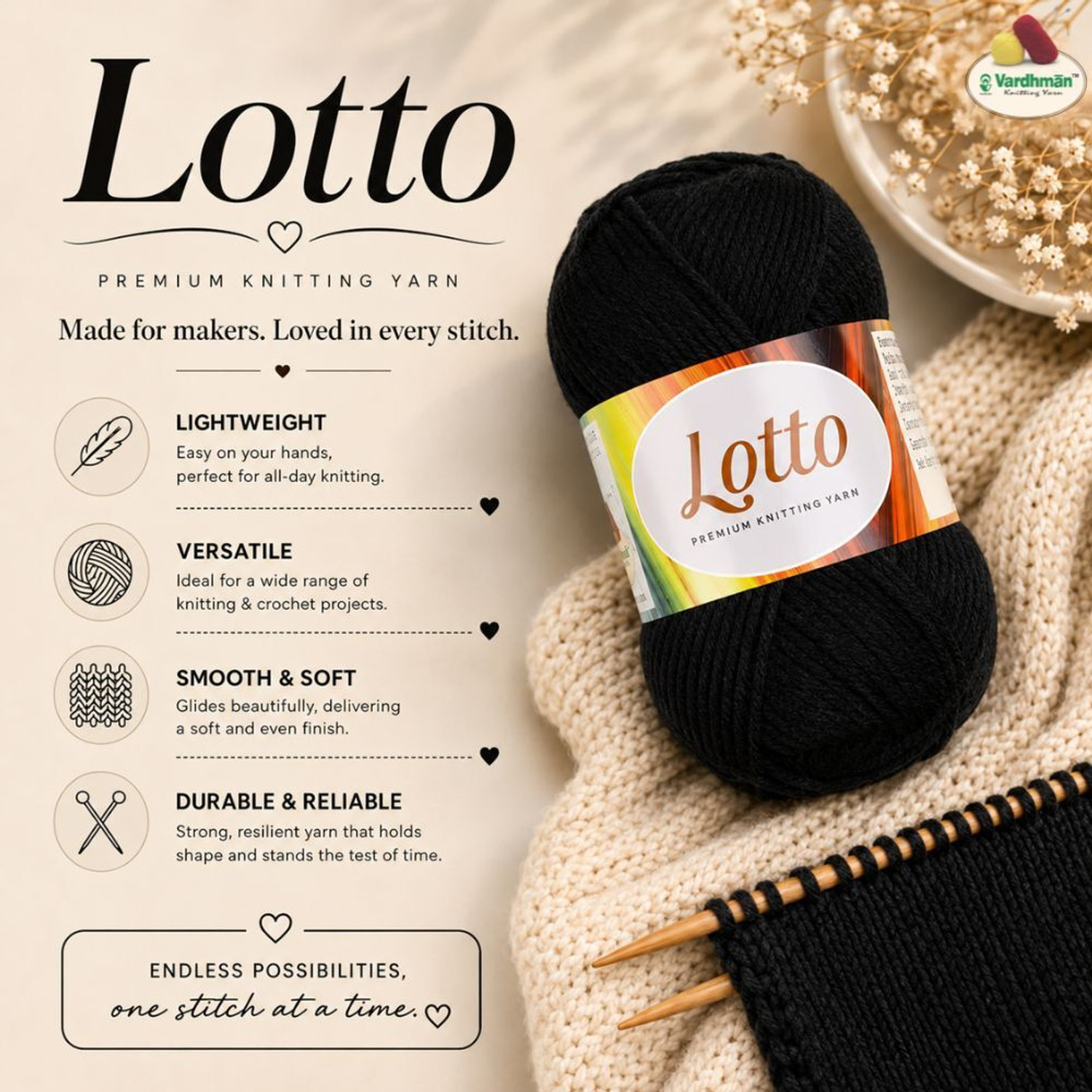 Image of vardhman knitting yarn Lotto 100% Acrylic Light Premium Knitting Yarn | Pack-1, 100g Each Black
