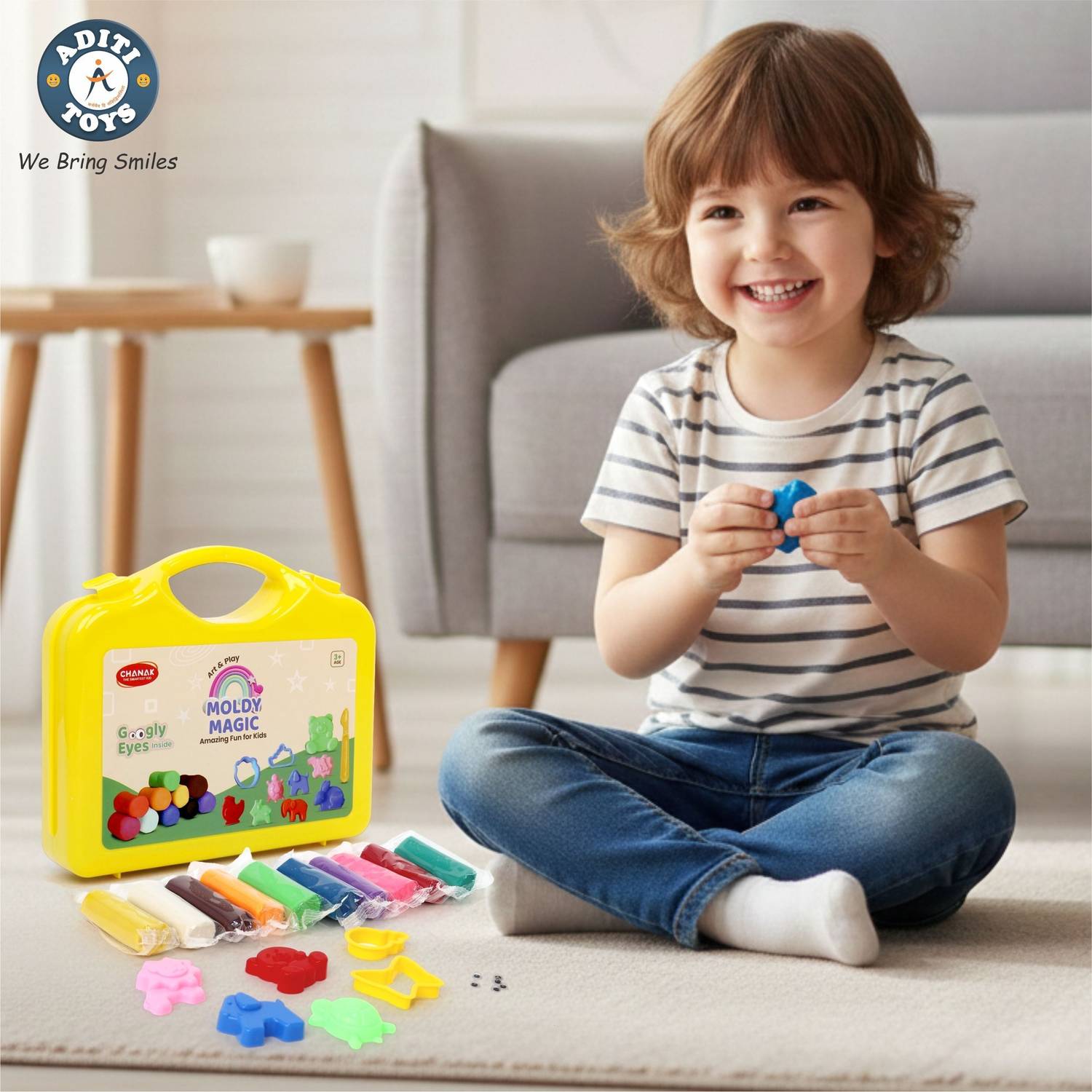 Aditi Toys Moldy Magic 10 Colorful Dough with Foldable Suitcase for Kids (Yellow Suitcase)