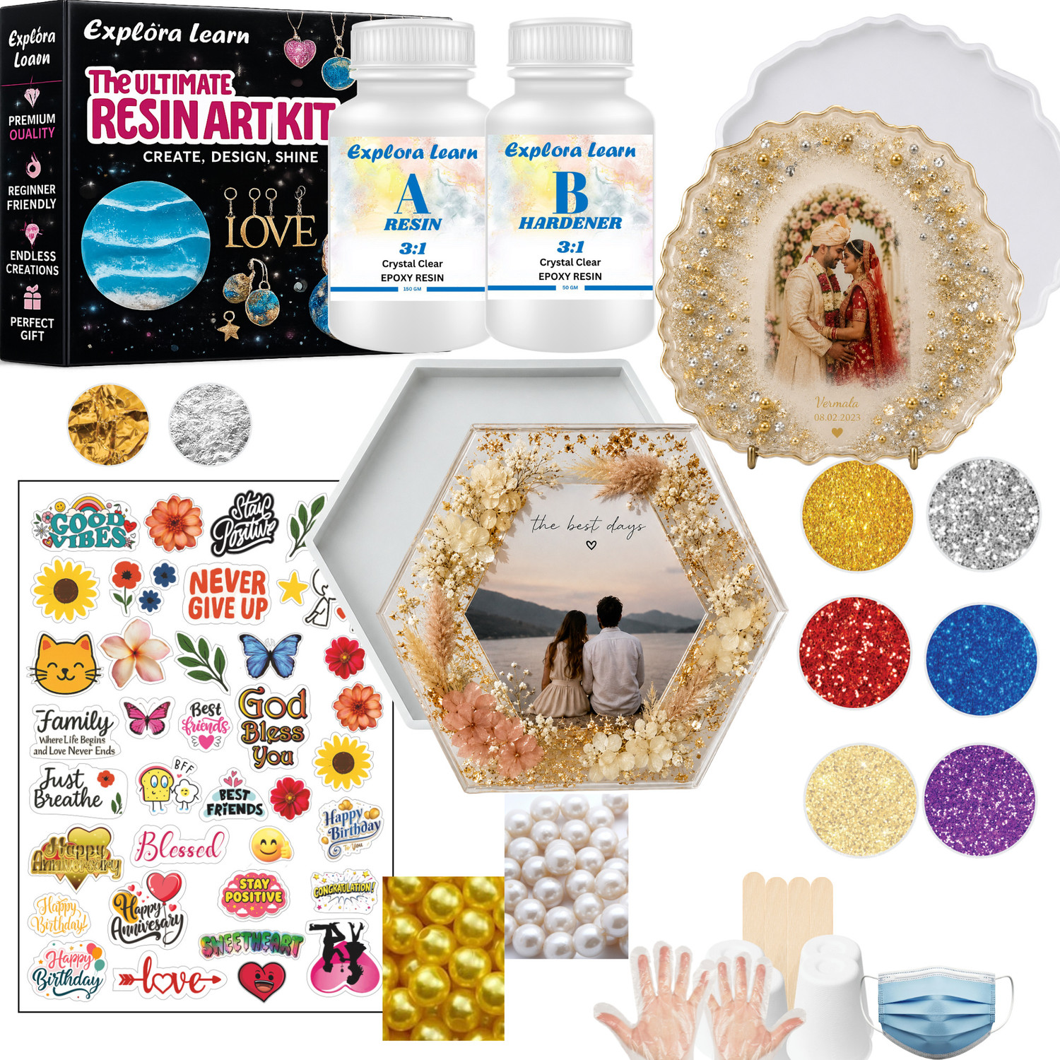 Exploralearn DIT 200 gm Epoxy Resin Art kit with 2 Moulds & Decoratives
